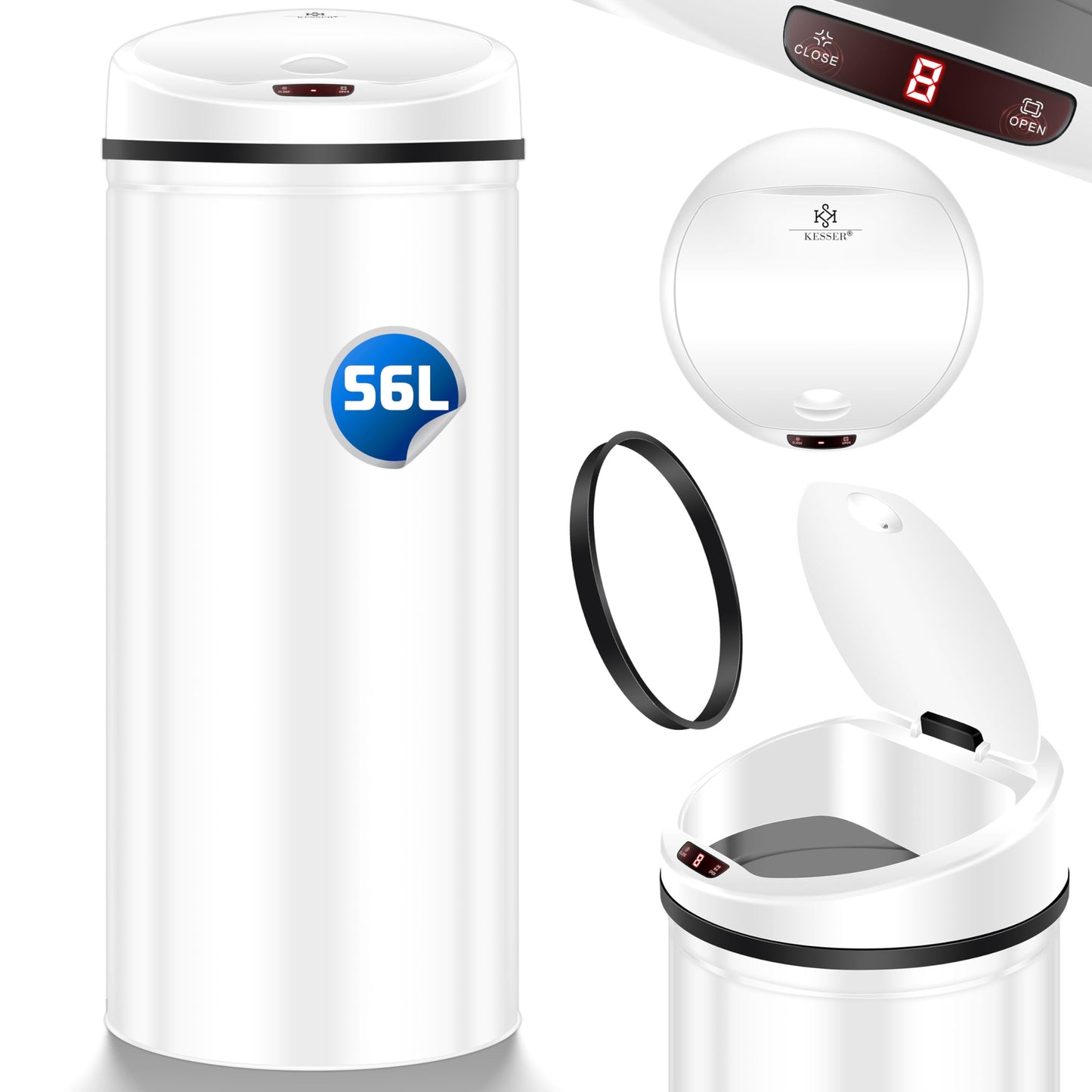 Sensor Mülleimer mit Müllsackhalterung, 56 Liter Weiss