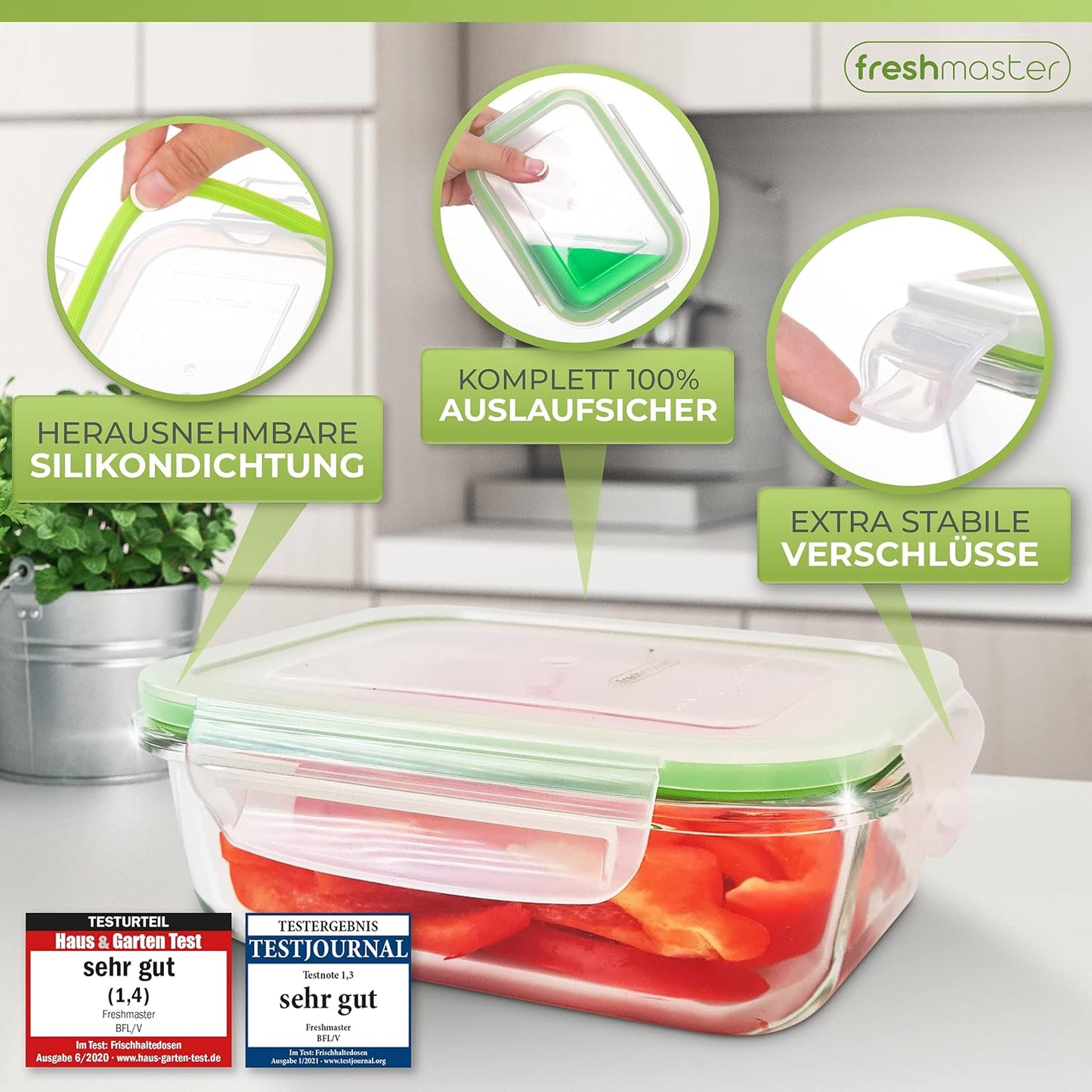 16-teiliges Frischhaltedosen Glas-Set, 16 teilig - grün
