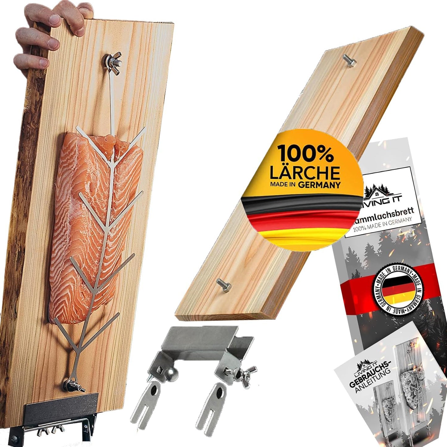 Flammlachsbrett mit Edelstahl-Halterung