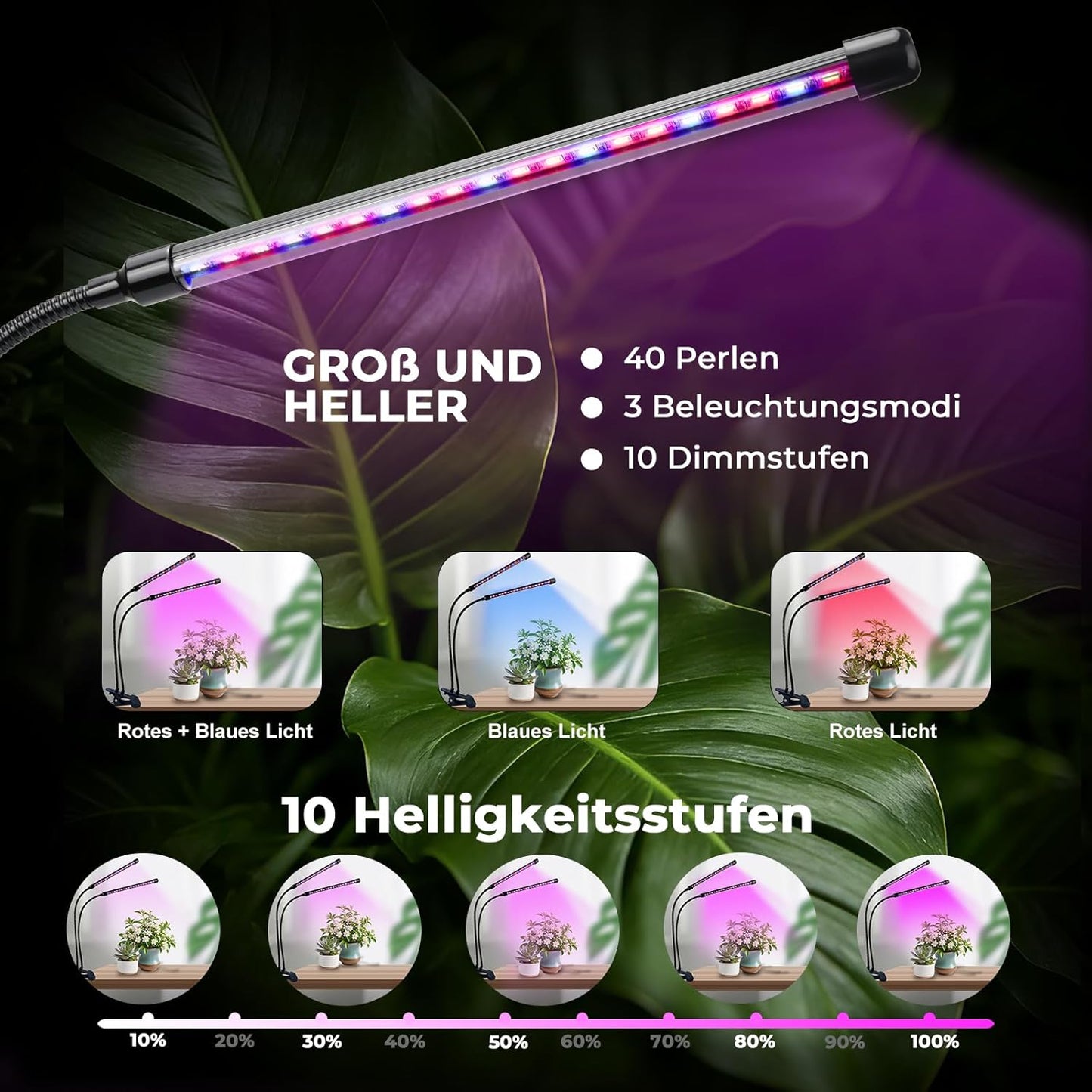 LED Pflanzenlampe Vollspektrum mit Timer & Dimmer, 8 W