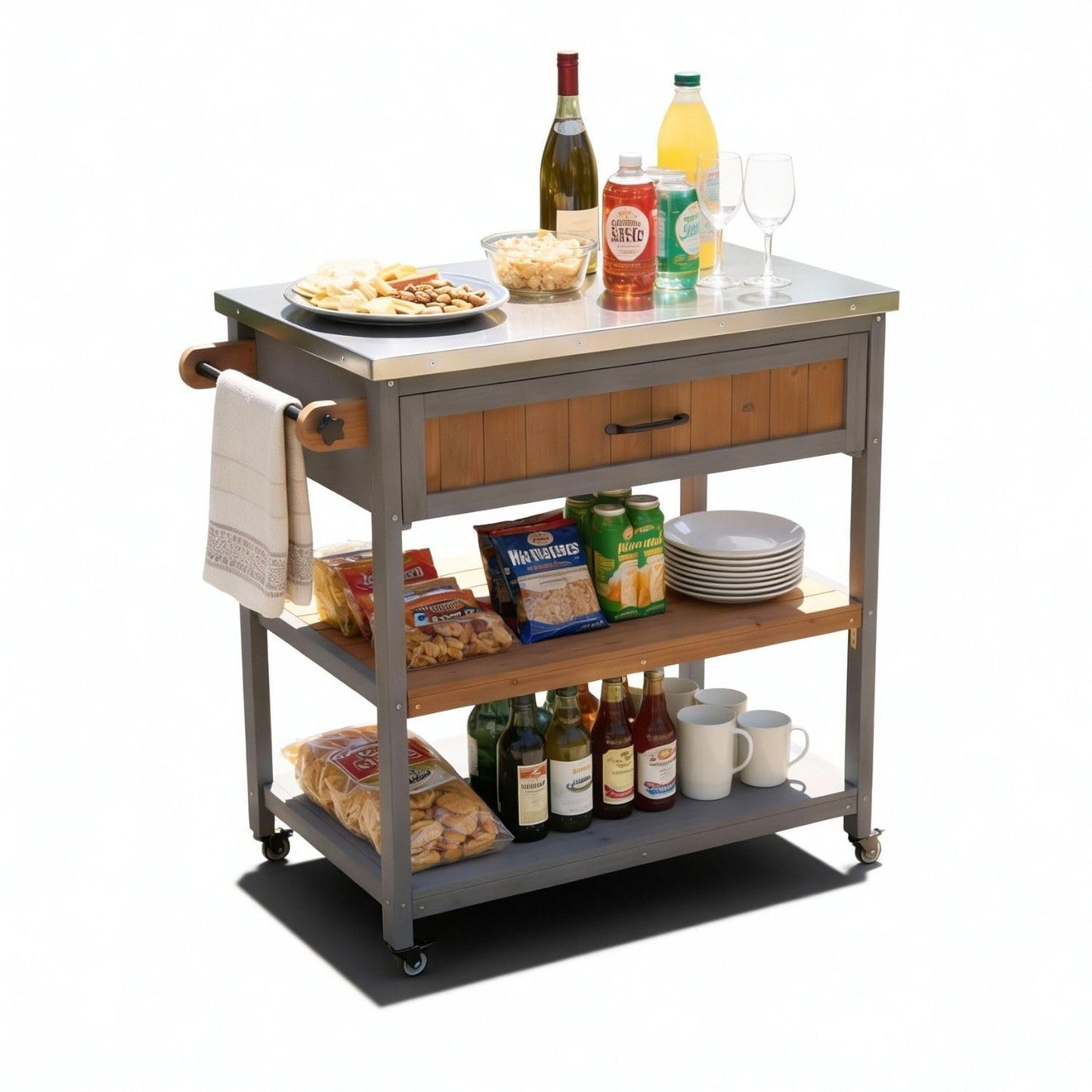 Kücheninselwagen mit Edelstahloberfläche, 82 x 53 cm Grau