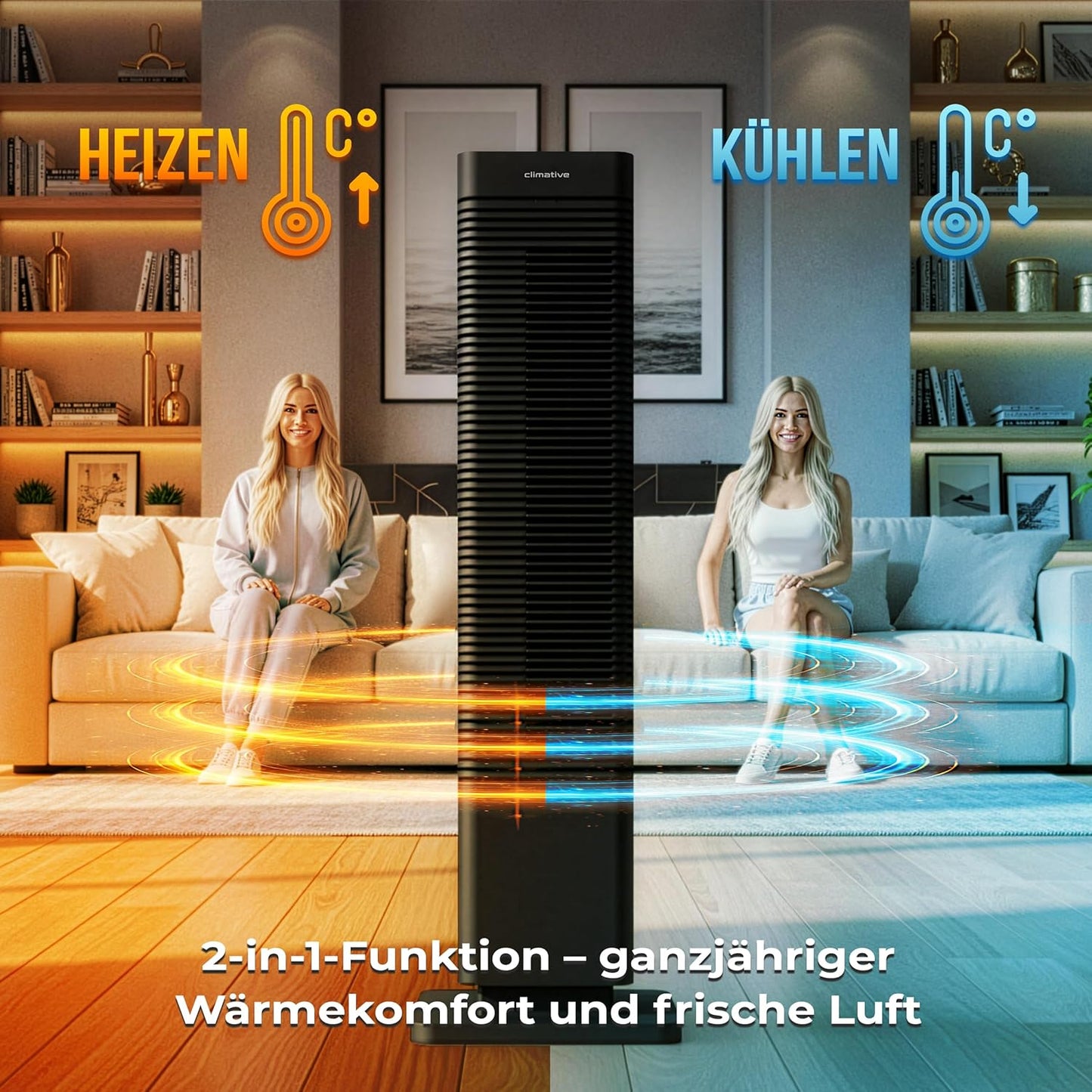 2in1 Turmventilator & Heizlüfter mit Fernbedienung, Coolheat