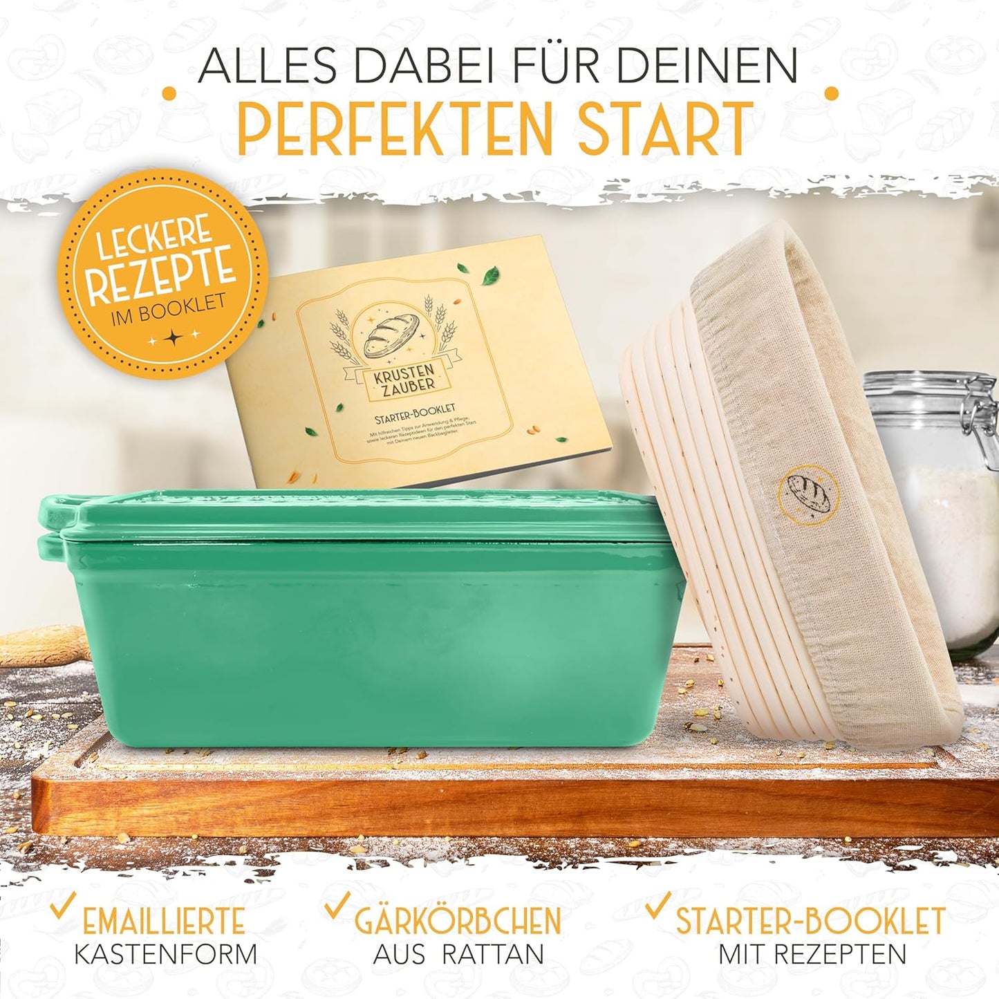 Brotbackfrom mit Deckel inkl. Gärkorb, Mintgrün Kastenform