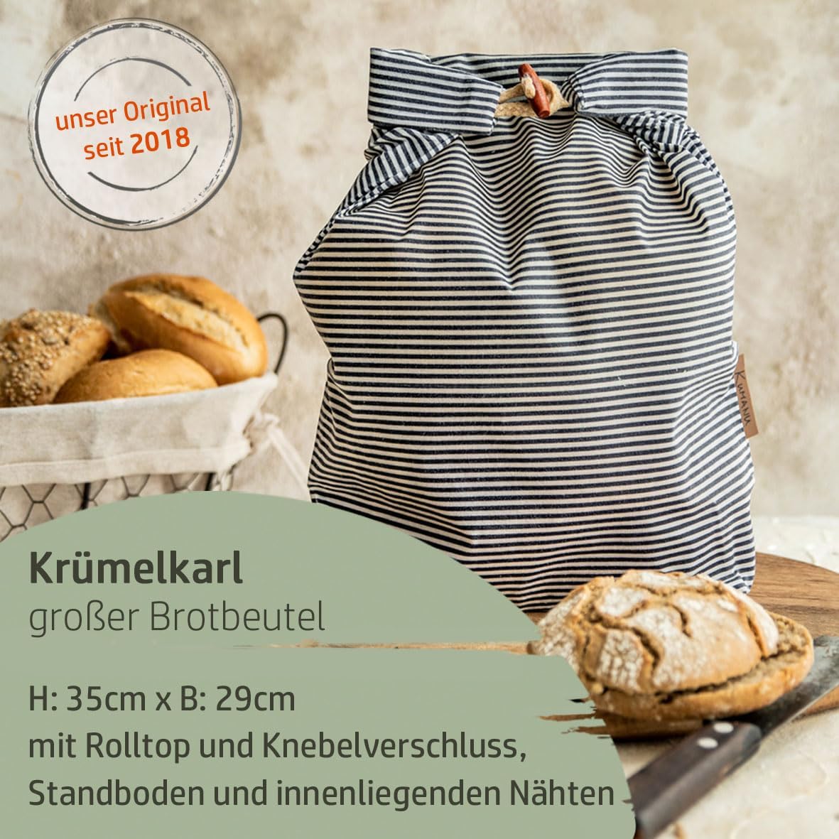 Bio-Bienenwachstuch Brotbeutel mit Standboden und Knebelverschluss, Happy