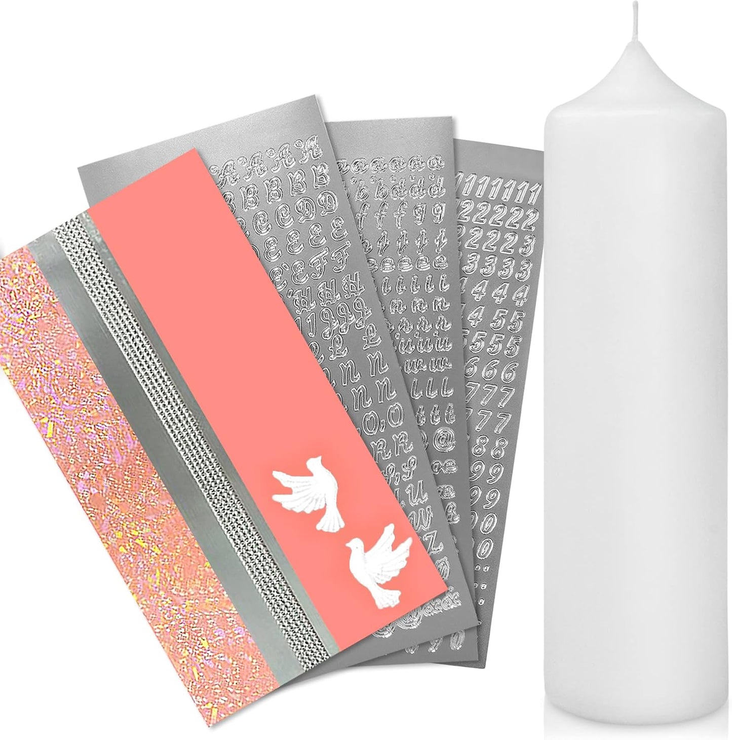 Taufkerze Bastelset mit Wachsmotiven und Buchstaben, Rosa mit Taube Kerze 25x7 cm | Weiss
