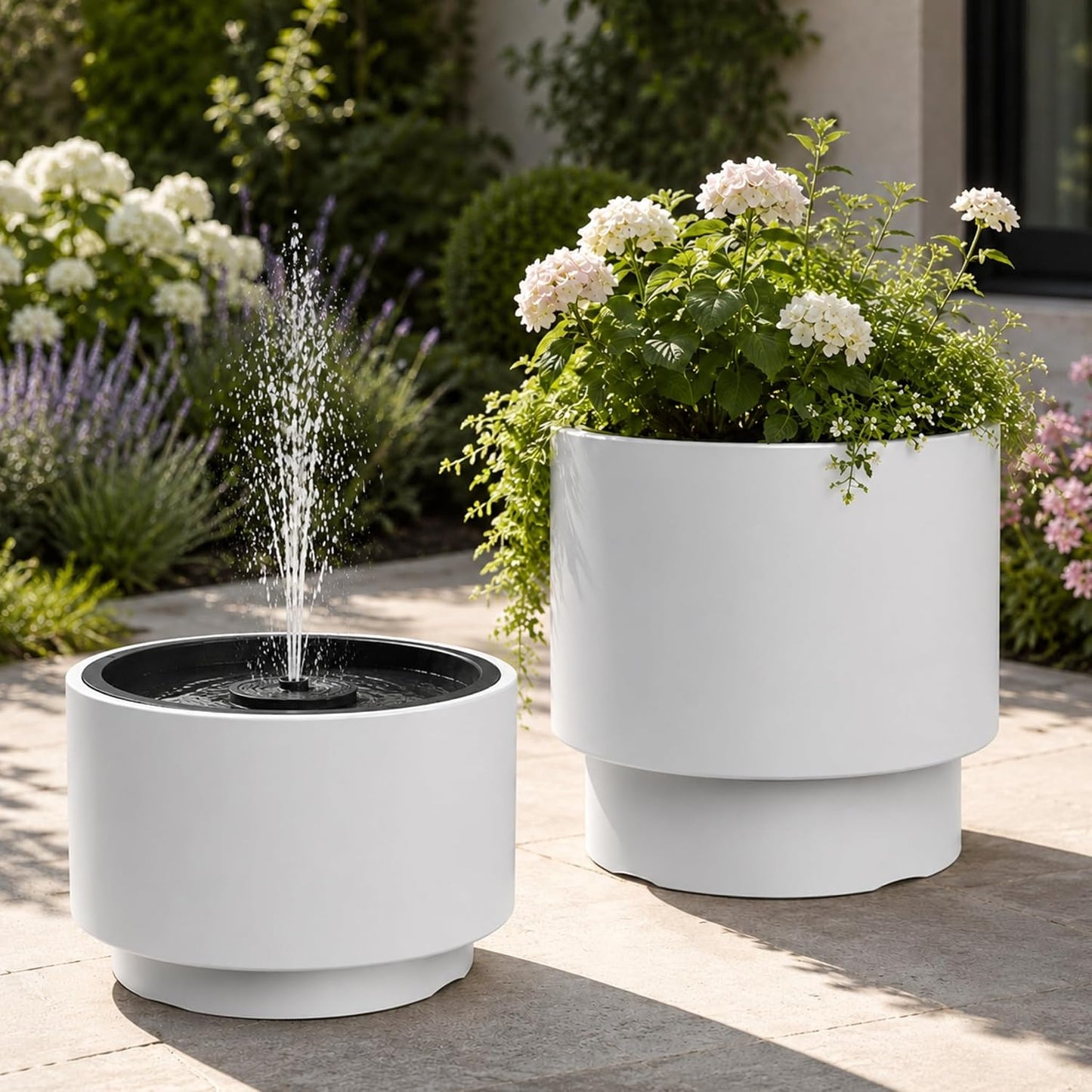 Solarbrunnen Set mit grosser Schale für den Garten, Weiss Ø 47 x H 30 cm
