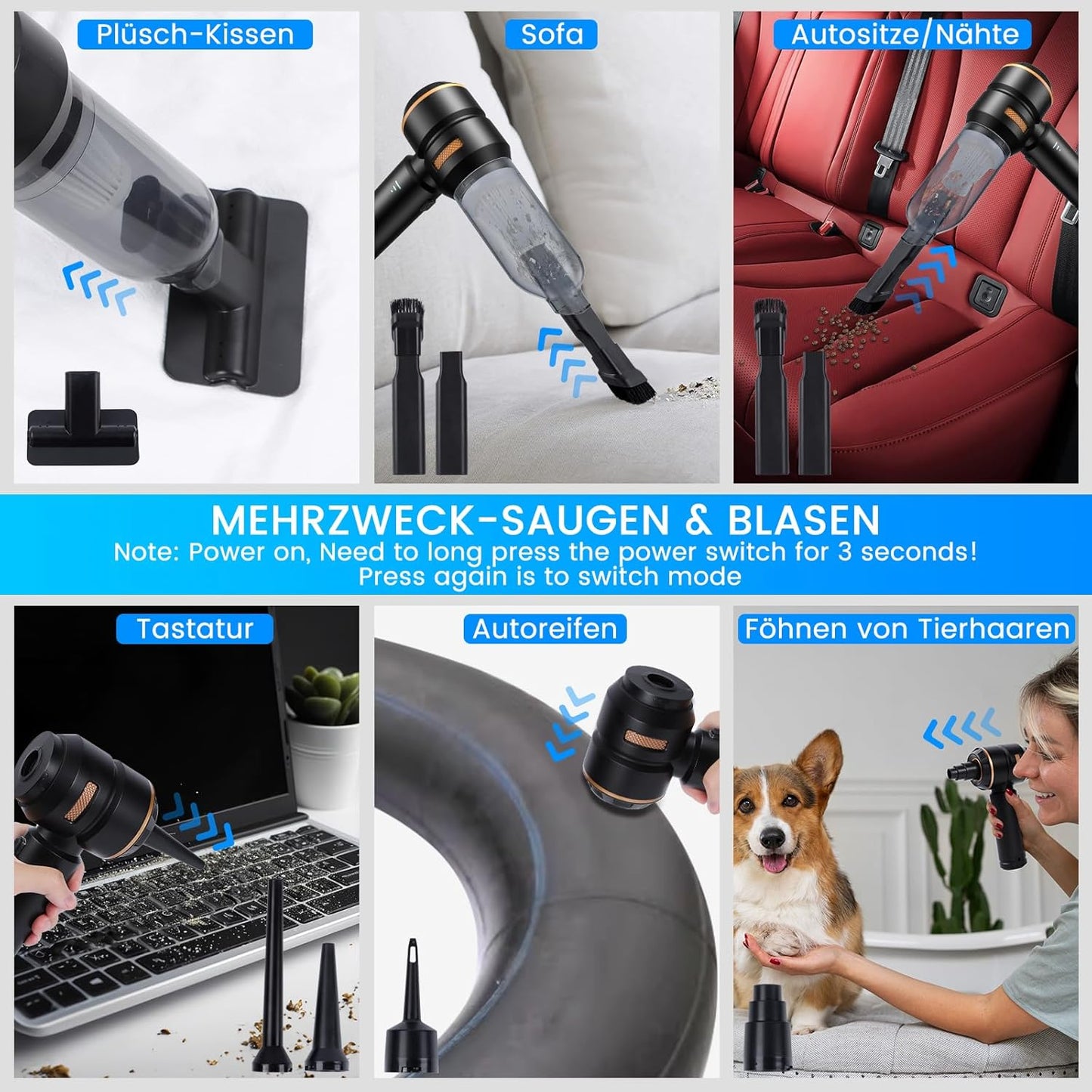ST-6659Plus Akku-Handstaubsauger mit Aufblasfunktion, Schwarz-gold