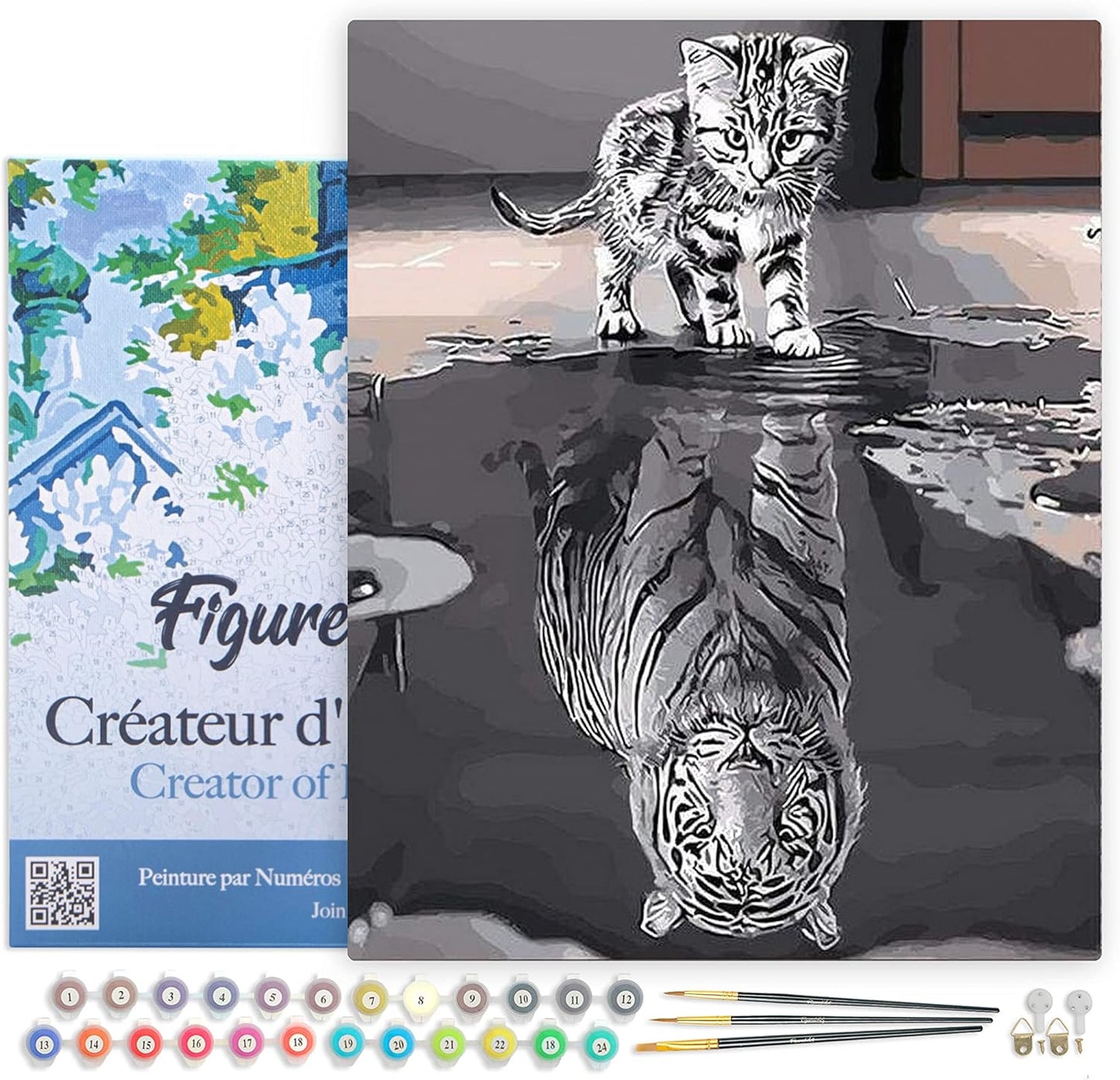Malen nach Zahlen Set Katze und Tiger, Katze und weißer Tiger 40x50cm Mit Rahmen (bereits gespannt)
