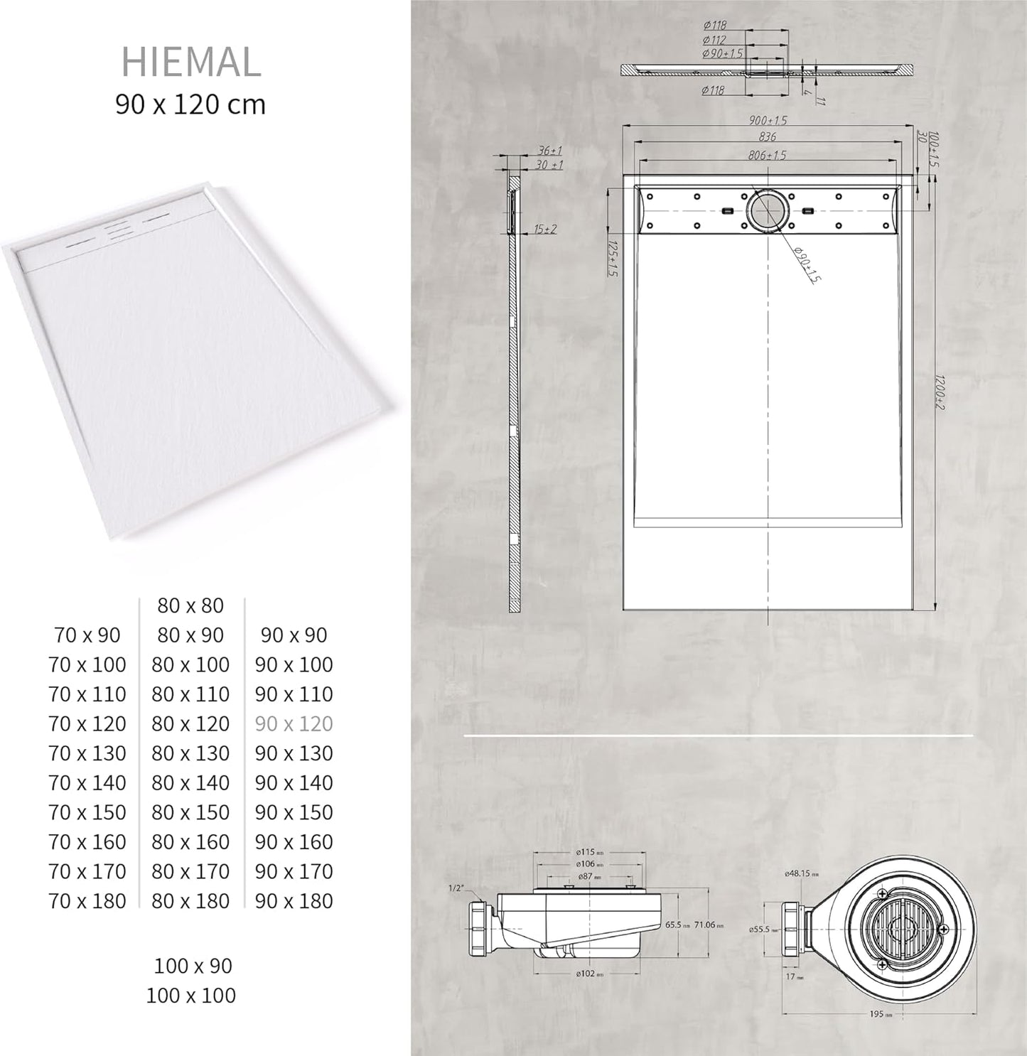 Duschwanne HIEMAL, 90x120 cm Weiss - Ral9016