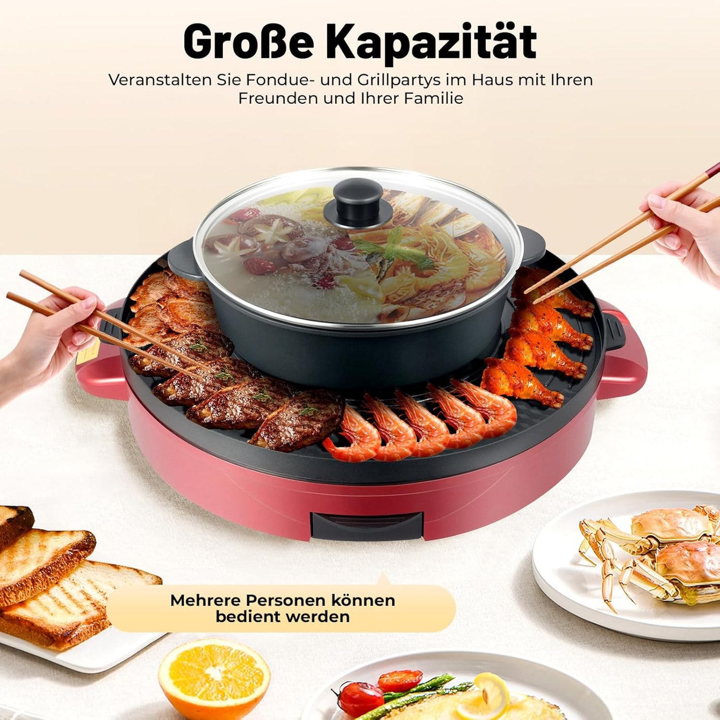 Elektrischer Hot Pot & Grill 2-in-1, Rot