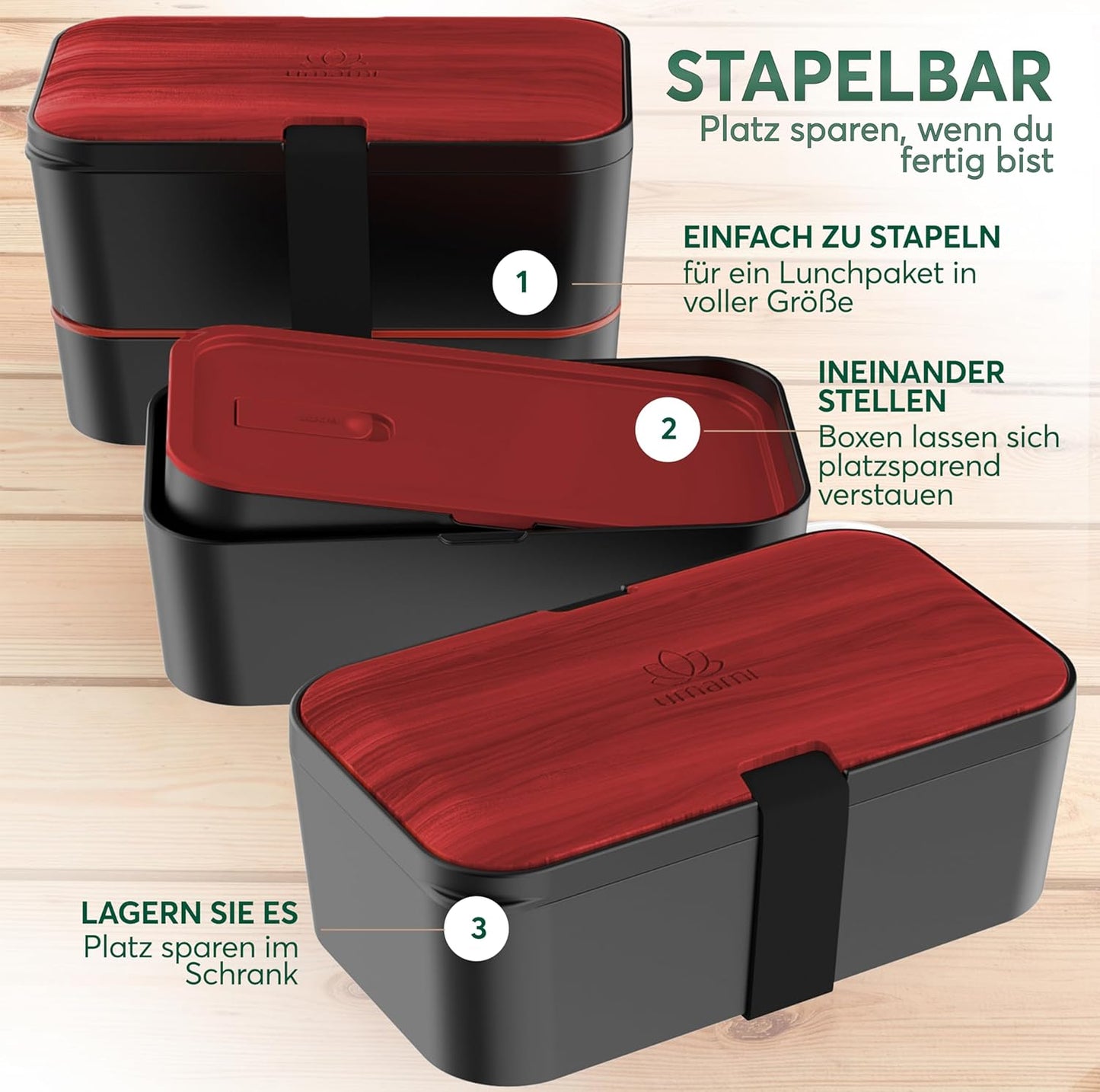 Auslaufsichere Bento Lunchbox mit Besteck & Fächern, Schwarzes Rosenholz L - 1500 ml