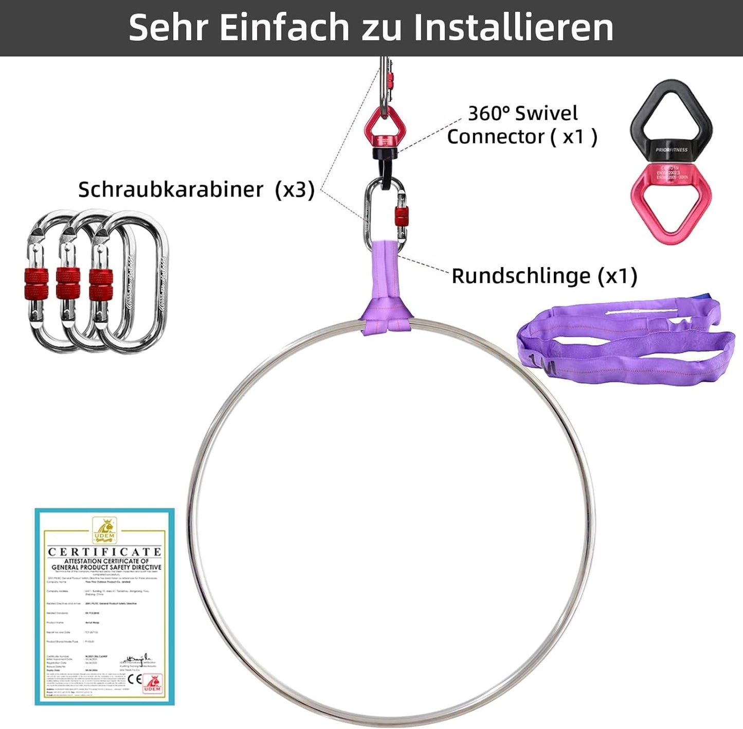 Aerial Hoop Set mit Rigging-Hardware (3 Grössen), Luftring 0 Punkt, 85 (0-Punkt Aufhängung)