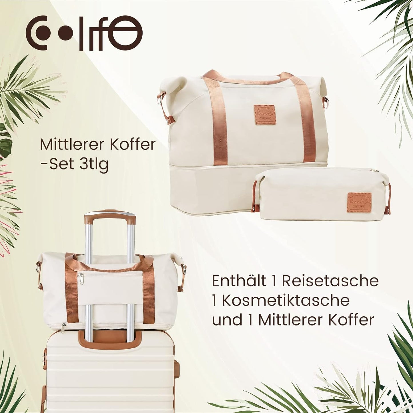 3-teiliges mittleres Hartschalenkoffer-Set mit TSA-Schloss, Weiss/Braun Mittlerer Koffer-Set 3tlg