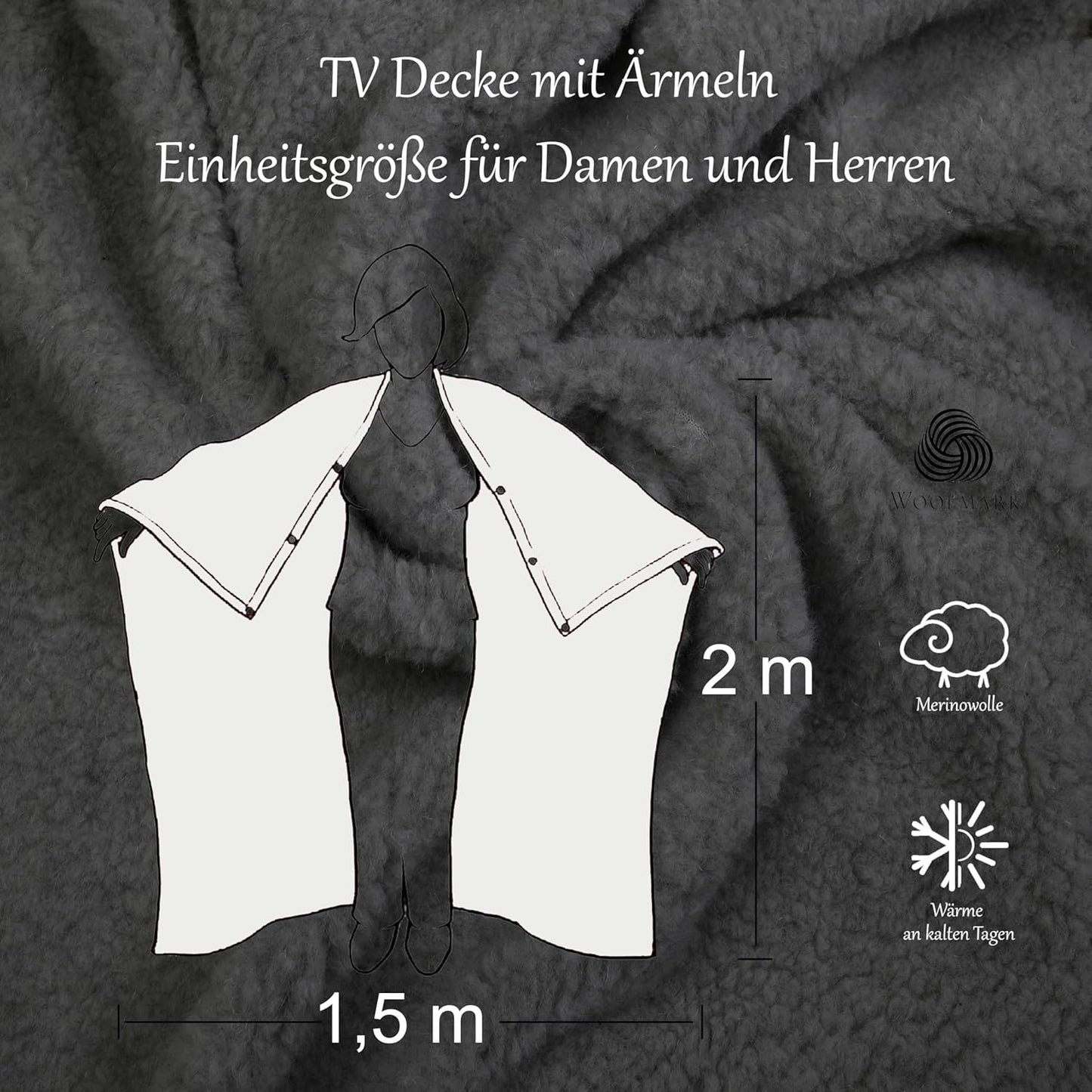 Tragbare Wolldecke mit Ärmeln und Reissverschluss, Graphit