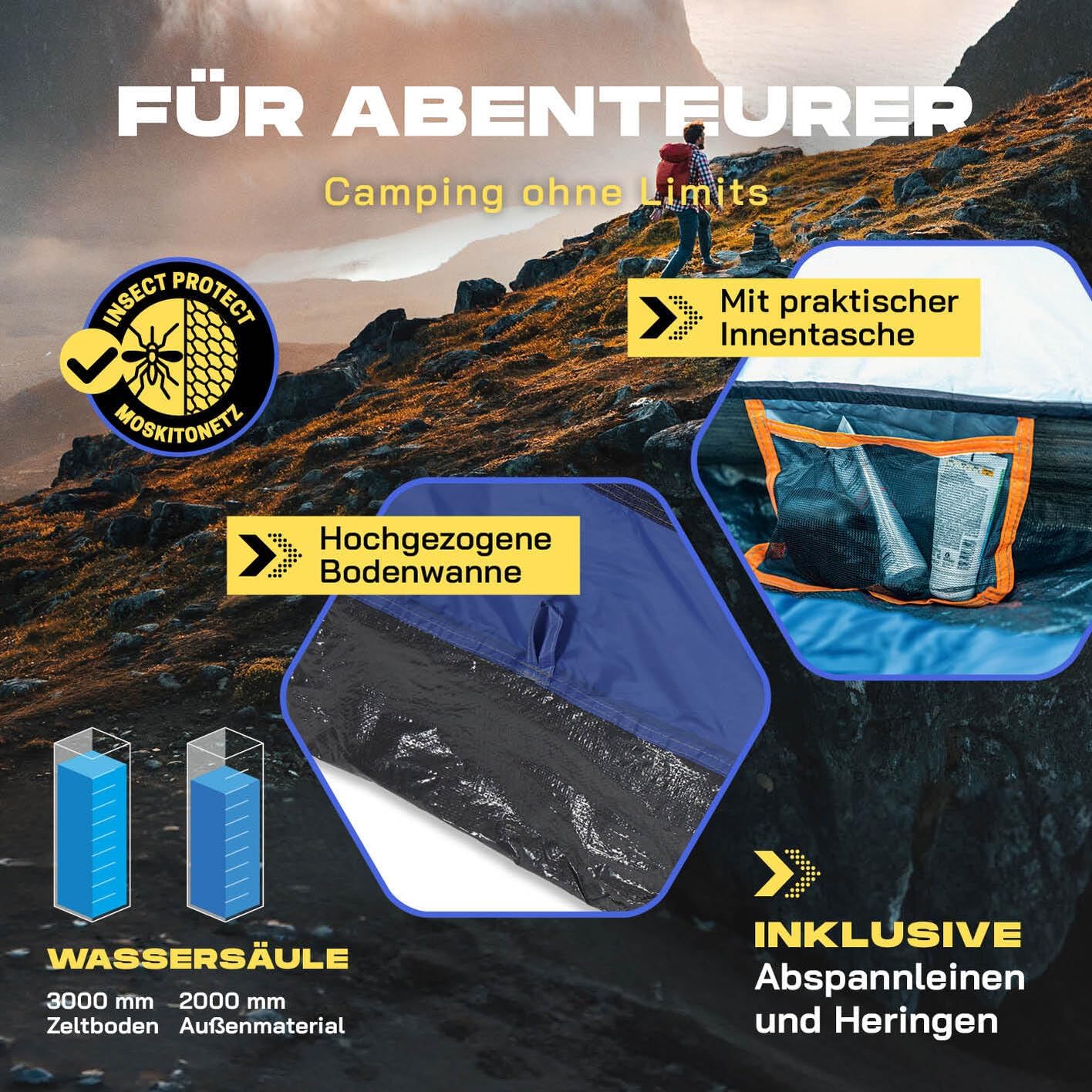 Pop Up Wurfzelt für 3 Personen, Blau 2-3 Personen | 1 Eingang
