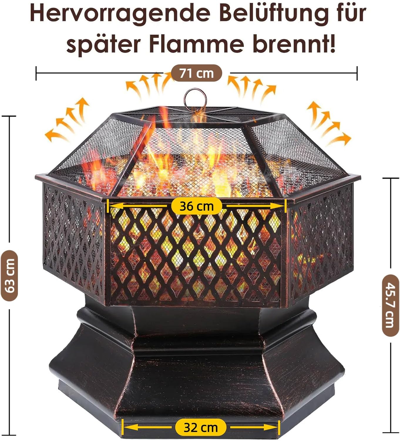 Feuerschale mit Funkenschutz und Grillrost, 28Zoll - 71x71x63 cm