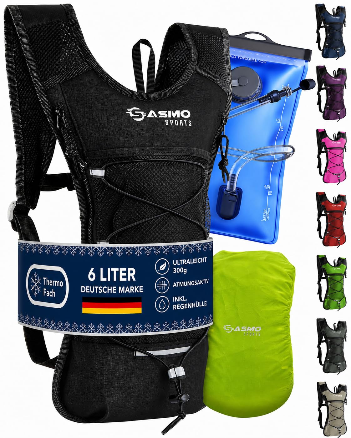 Trinkrucksack mit Trinkblase & Reflektoren, schwarz - mit Trinkblase