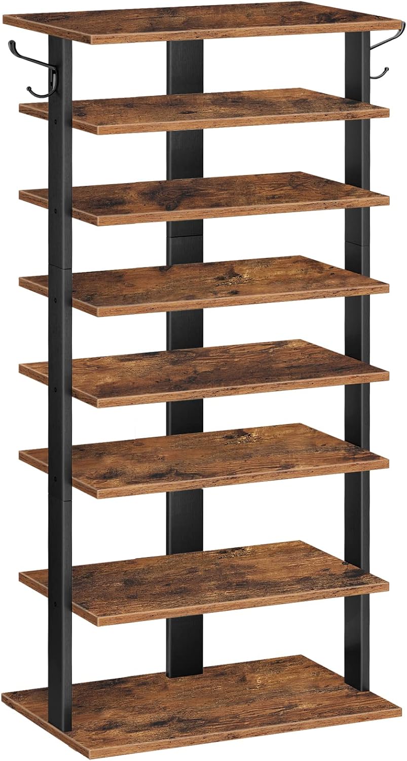 8-lagiges Schuhregal mit Haken, EBF750XJ01, 50 x 28 x 113 cm Dunkelbraun + Schwarz