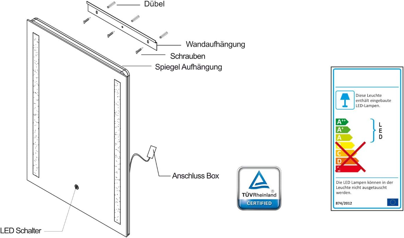 Badspiegel mit LED-Beleuchtung 70x50 cm, 70L x 50B cm