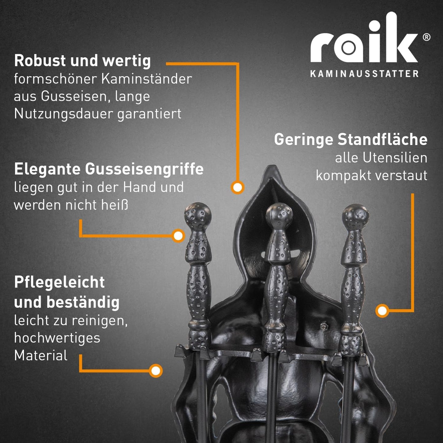 4-teiliges Kaminbesteck-Set in Ritter-Design, Kaminbesteck Schwarz