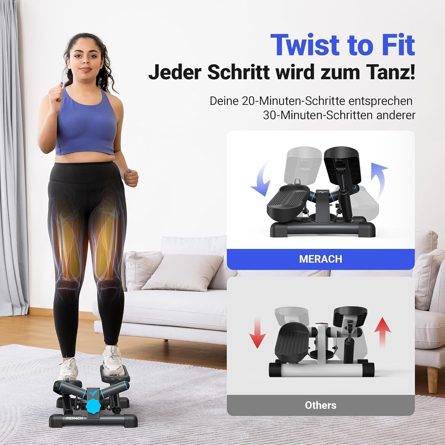 2-in-1 Mini-Stepper mit LCD-Monitor und Power Ropes, blau-schwarz