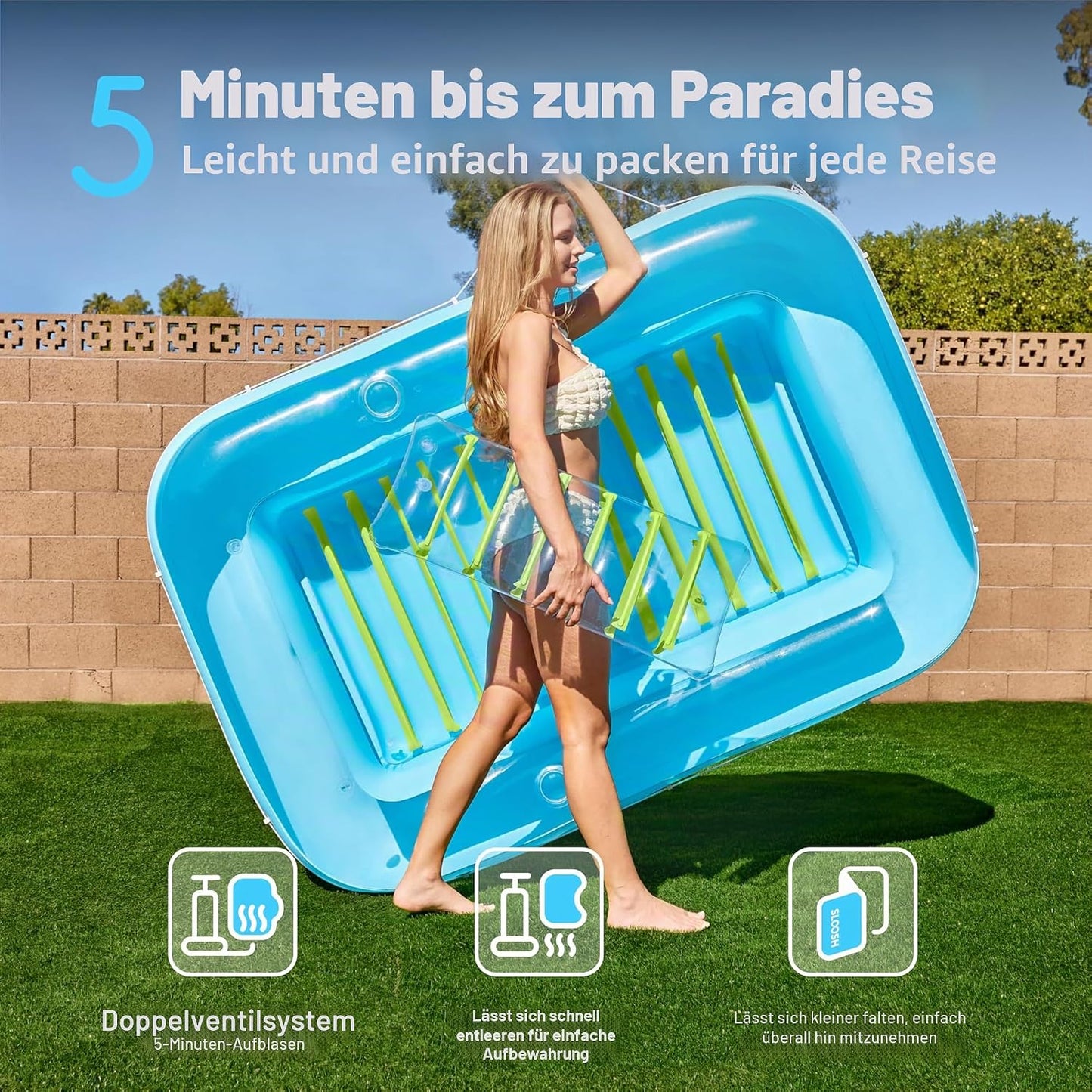Aufblasbarer Sonnenpool mit abnehmbarem Kissen und Getränkehalter, Blau-Grün L
