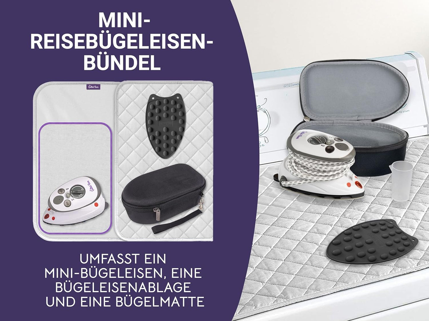 Reisebügeleisen mit Temperaturanzeige, Mini Fer - Fer, tapis et support Schwarz