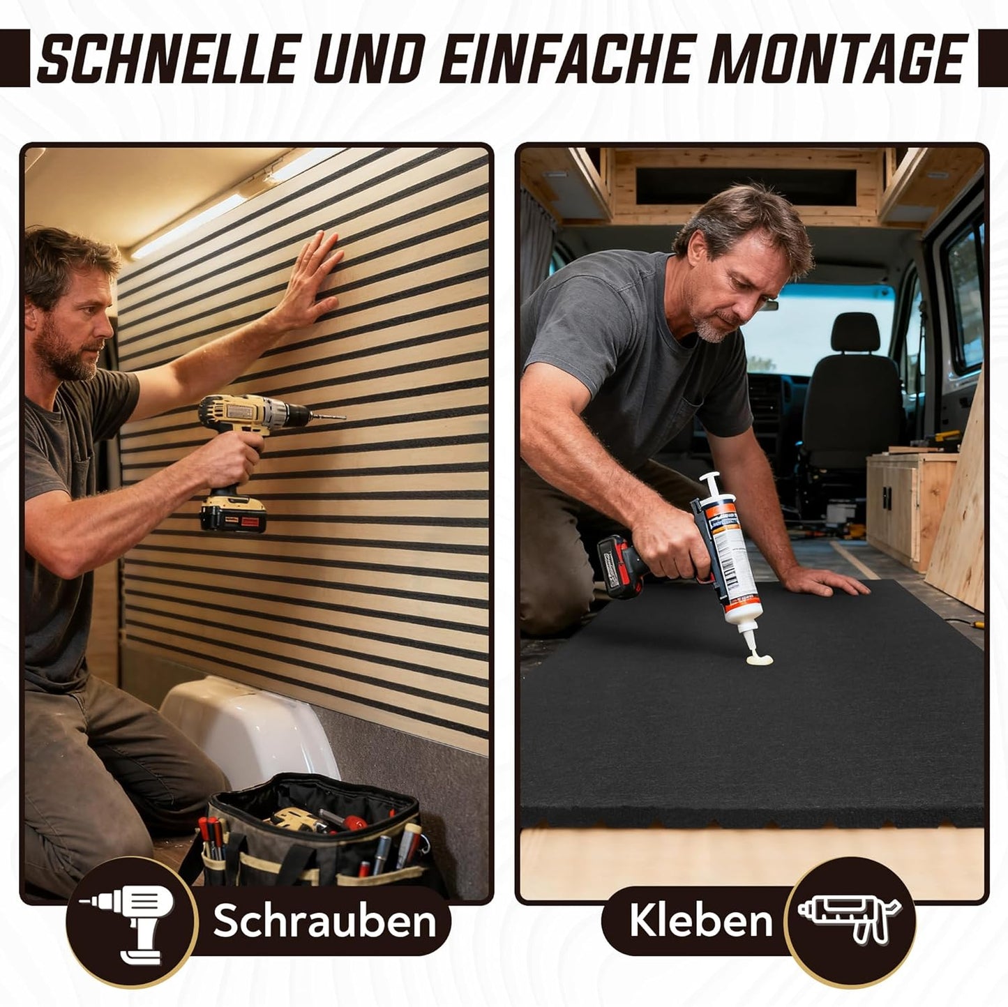 4er-Set Camper Ausbau Paneele, 2,42m², Eiche / Schwarz 4er Set - (2,42m²)