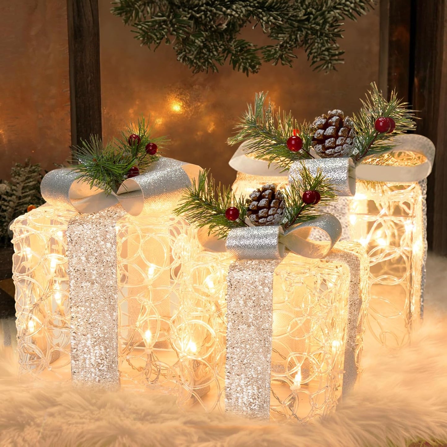 3er-Set LED-Weihnachtsgeschenkboxen, Weiss Acryl