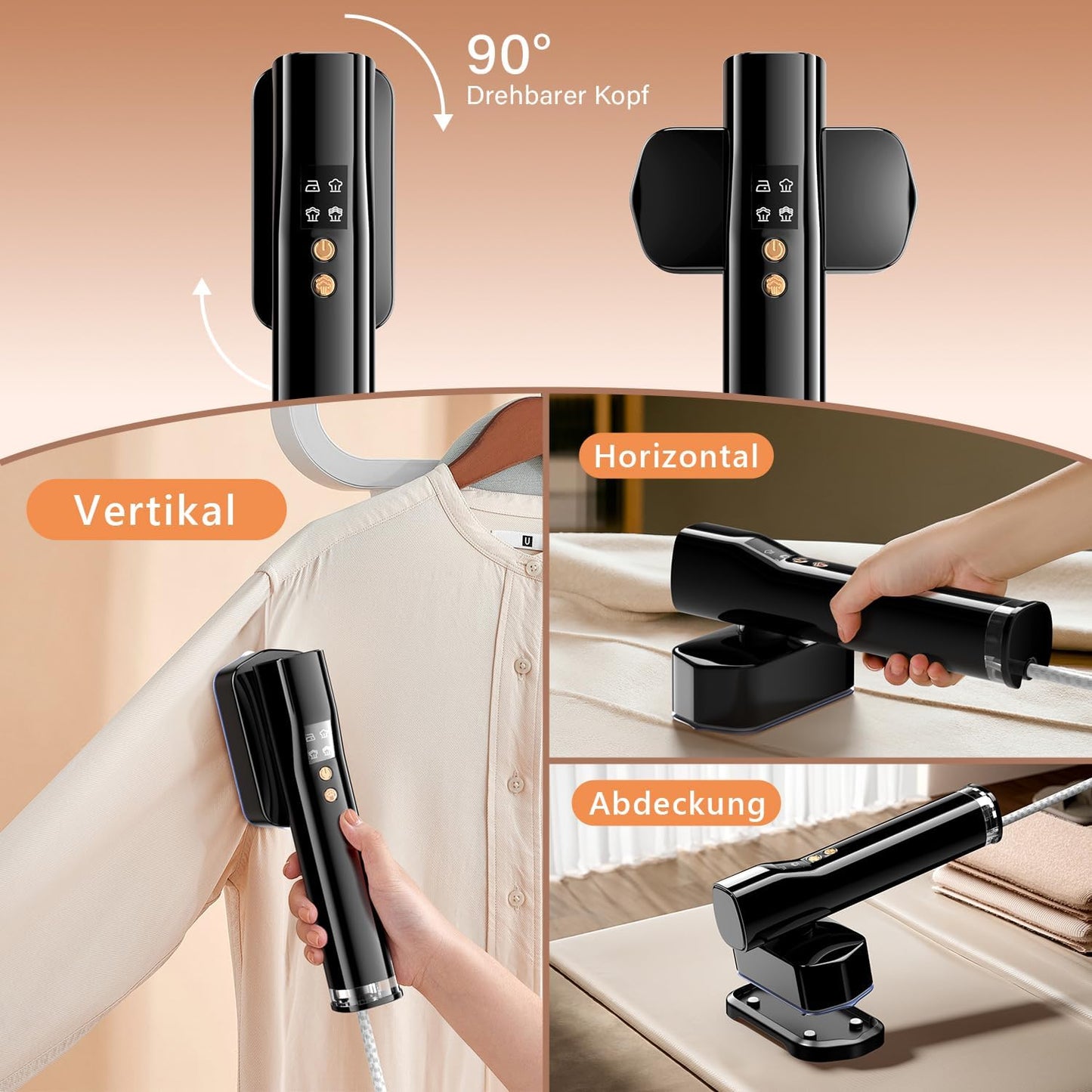 Tragbarer 2-in-1 Dampfglätter mit Dualspannung, Schwarz