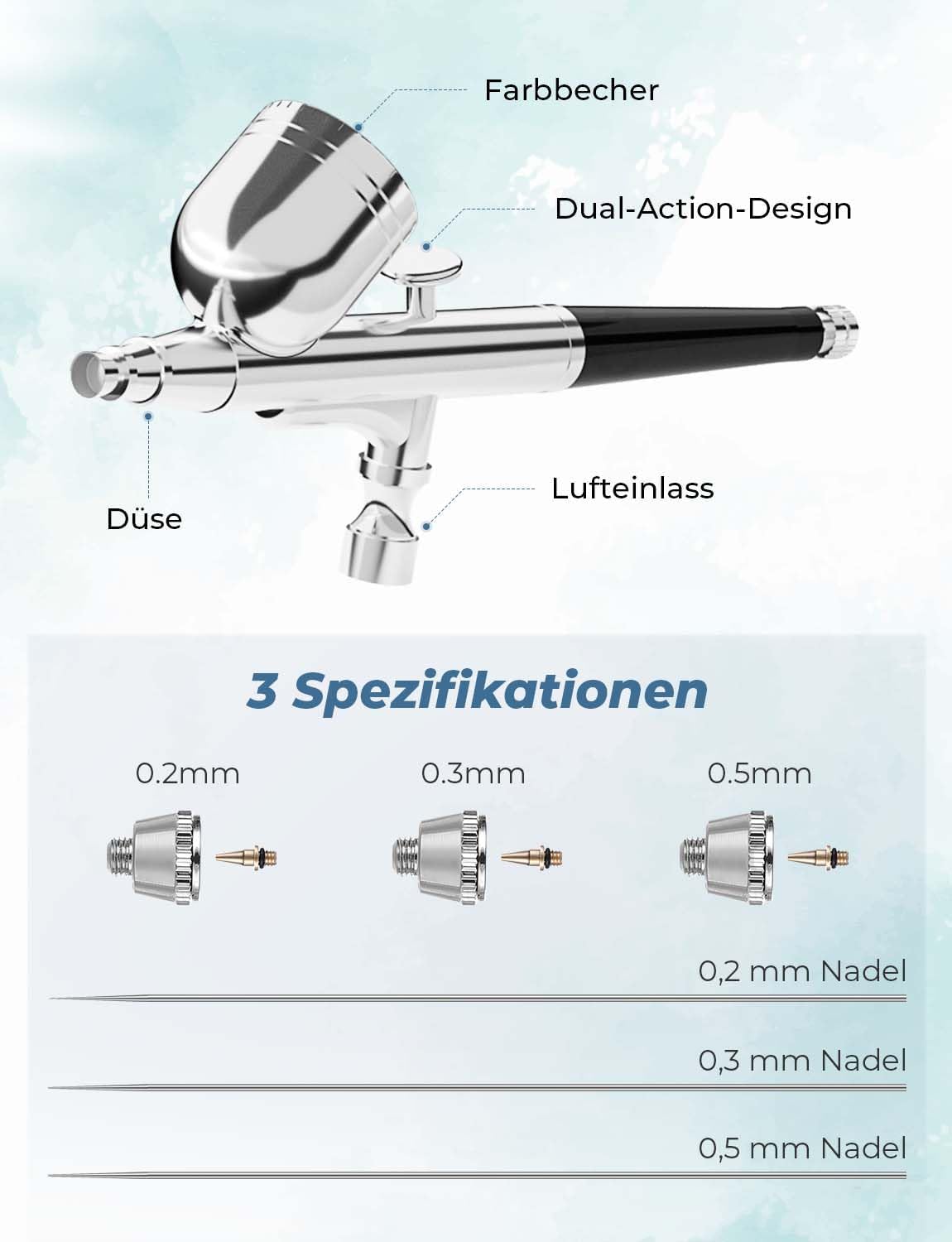 Airbrush Set mit Kompressor, Double Action-Airbrush-Pistole und Zubehör, Blau