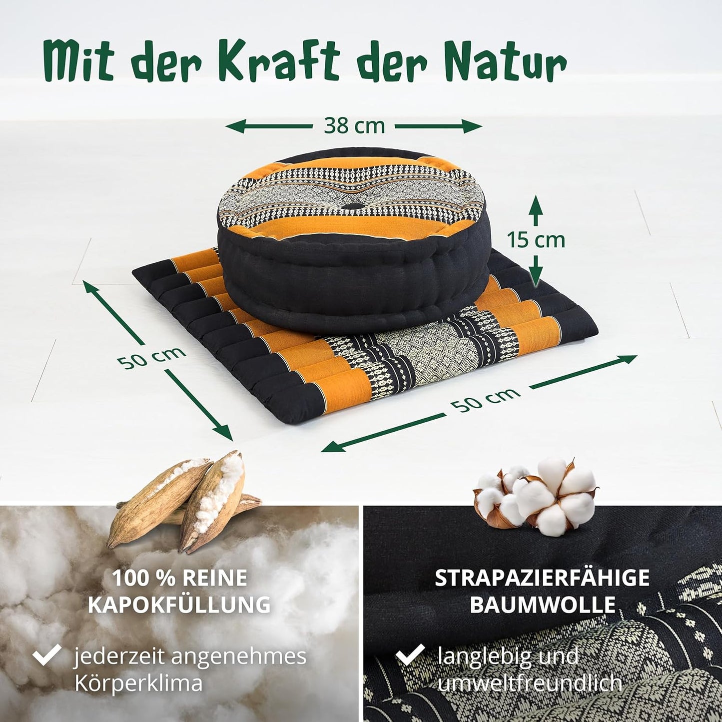 Meditationsset mit Kissen und Matte, Schwarz/Orange