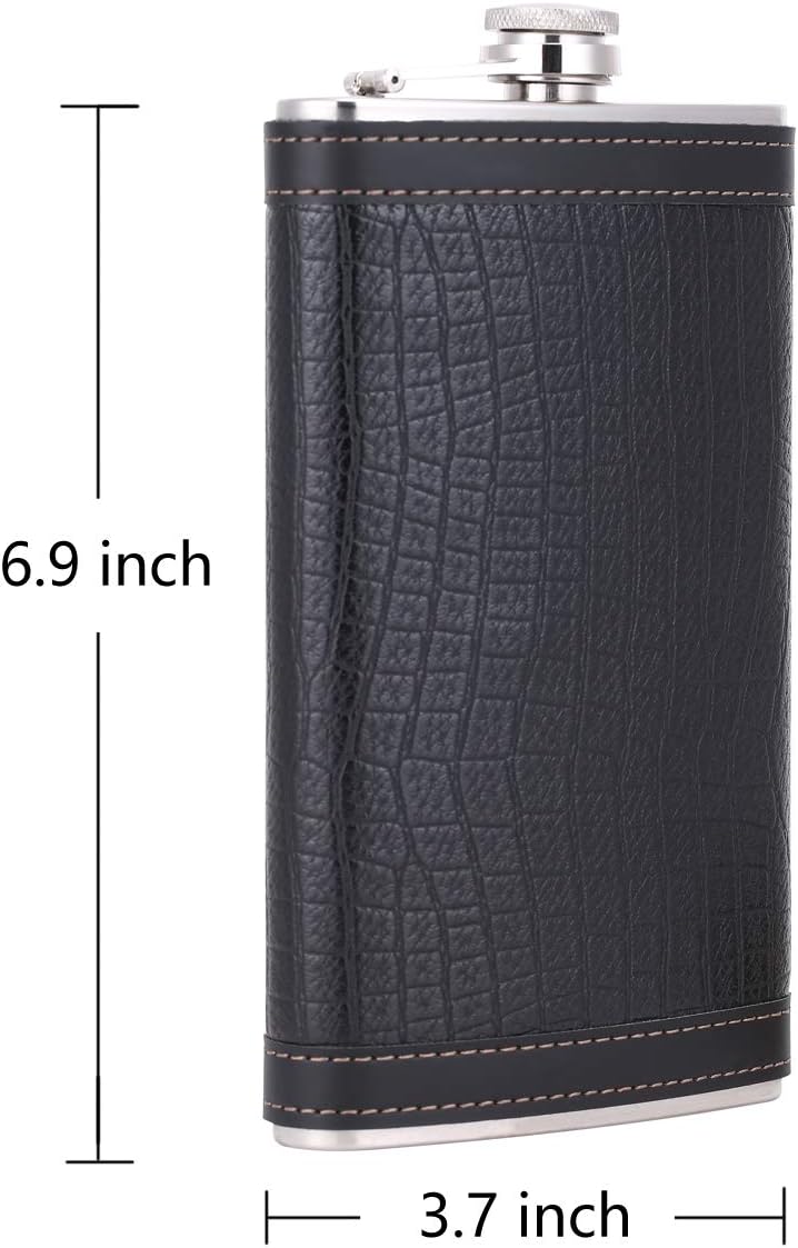 Flachmann mit Lederhülle und Trichter, 12 oz Schwarz