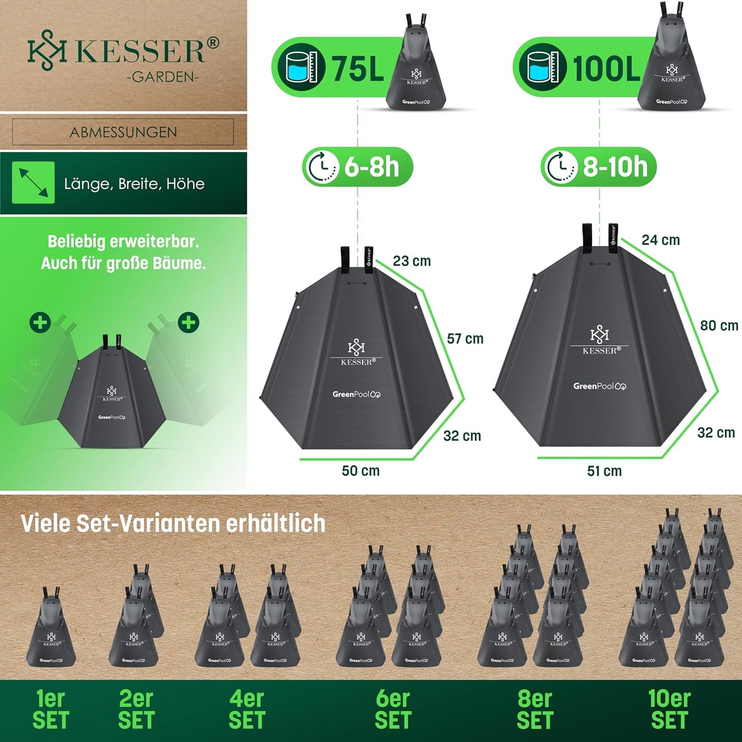 Baumbewässerungssack-Set mit Diebstahlschutz, 75 Liter 6er Set Anthrazit
