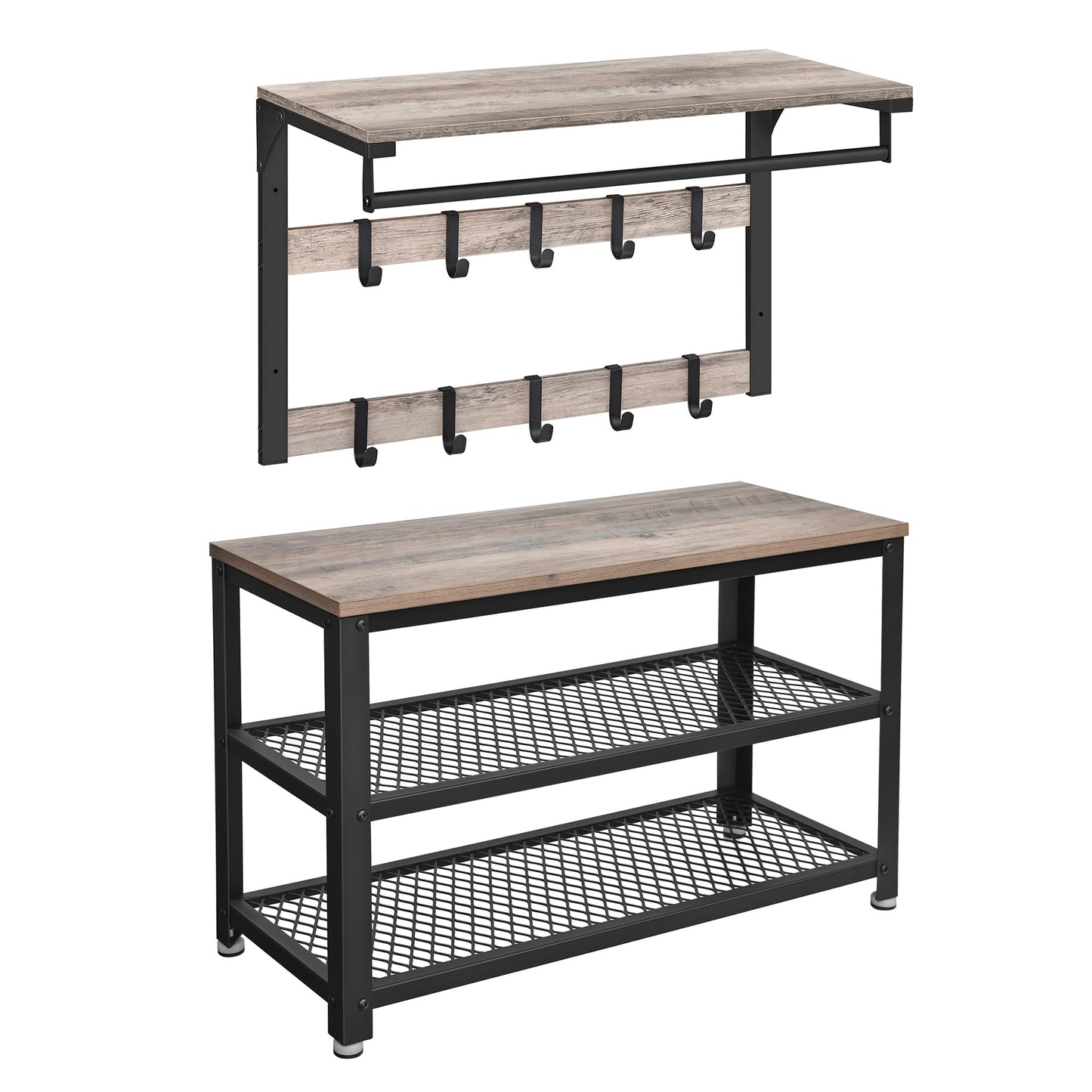 Wandgarderobe mit Schuhbank und Regal (Industrie-Design), 73B cm Greige + Schwarz