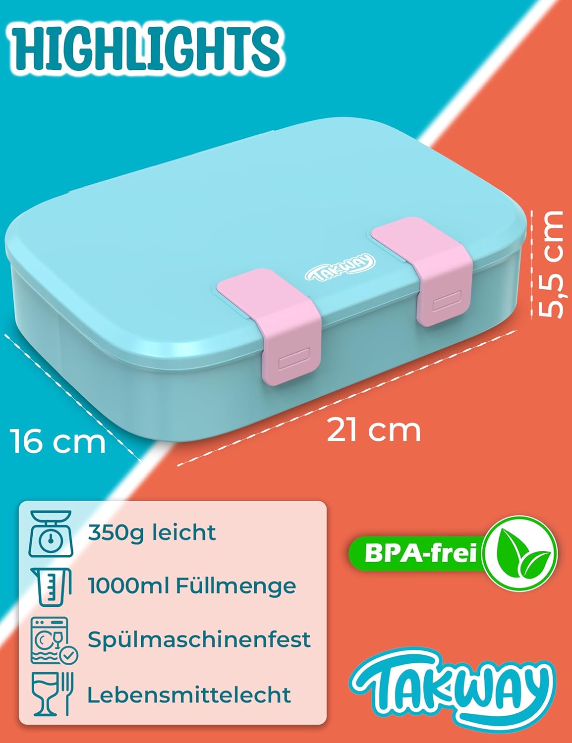 Kinder Brotdose mit Fächern, Türkis
