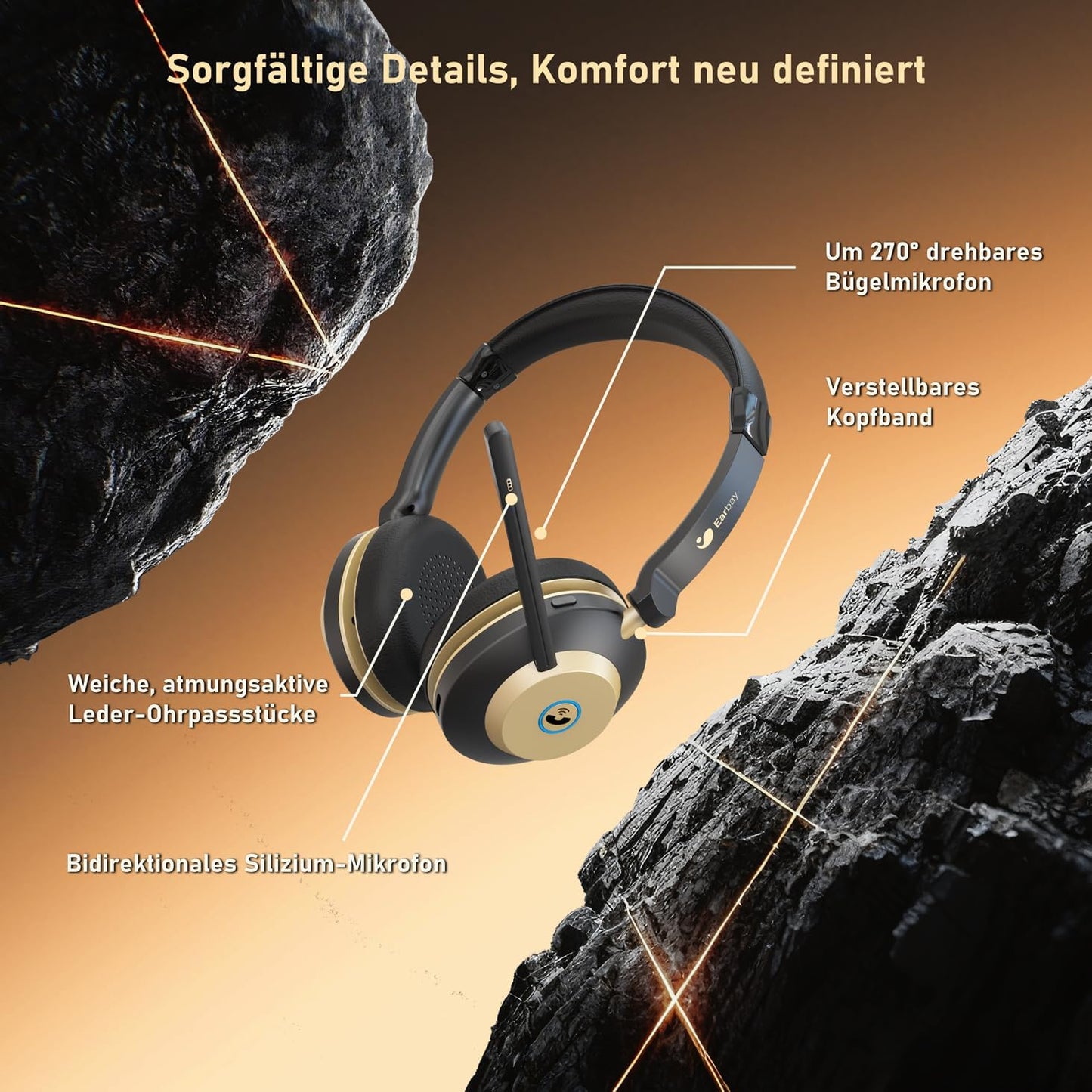 Kabelloses Bluetooth-Headset mit Mikrofon, Black Gold