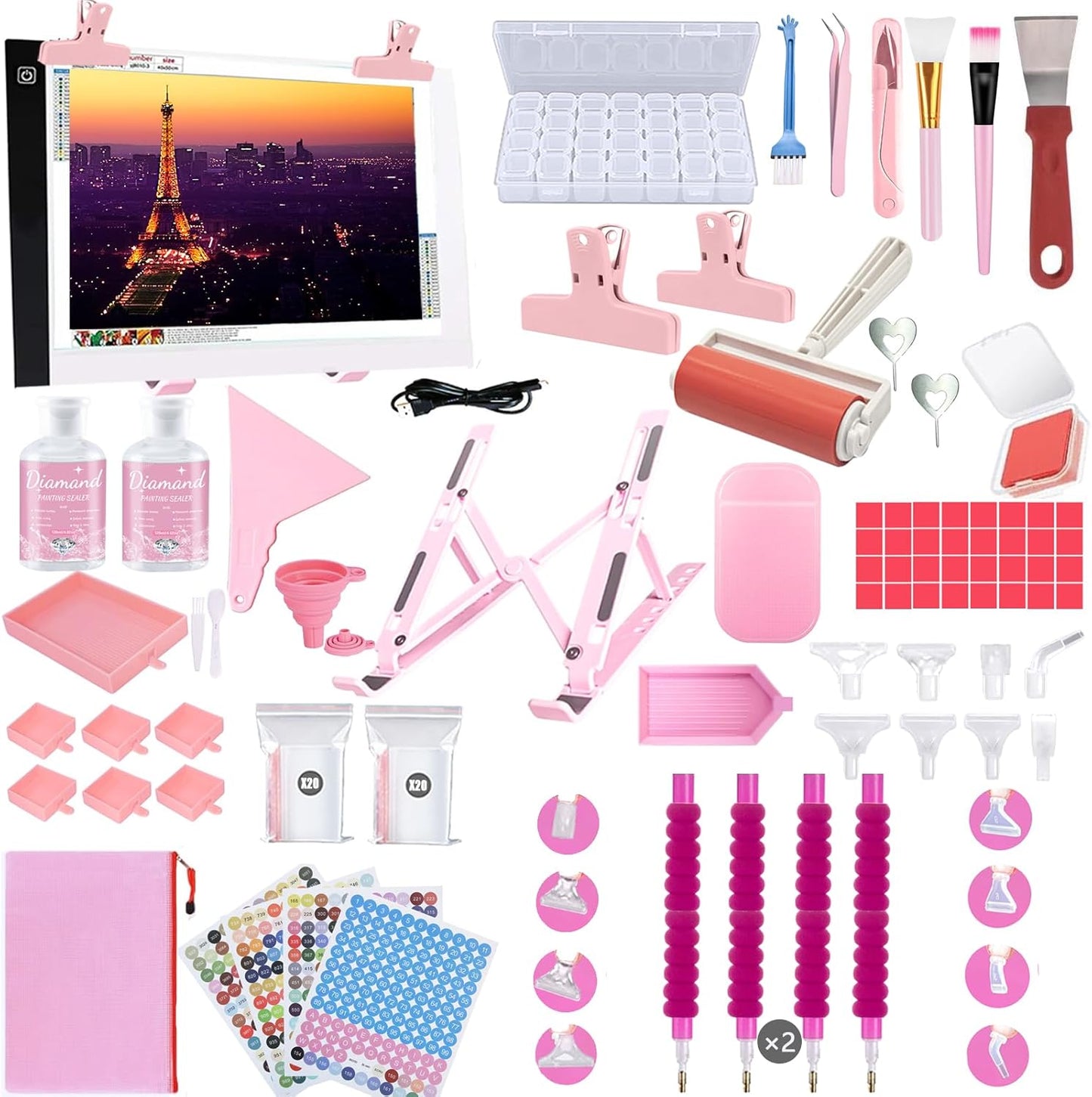 Diamant Malerei Werkzeug Set mit Lichtplatte, Rosa A4