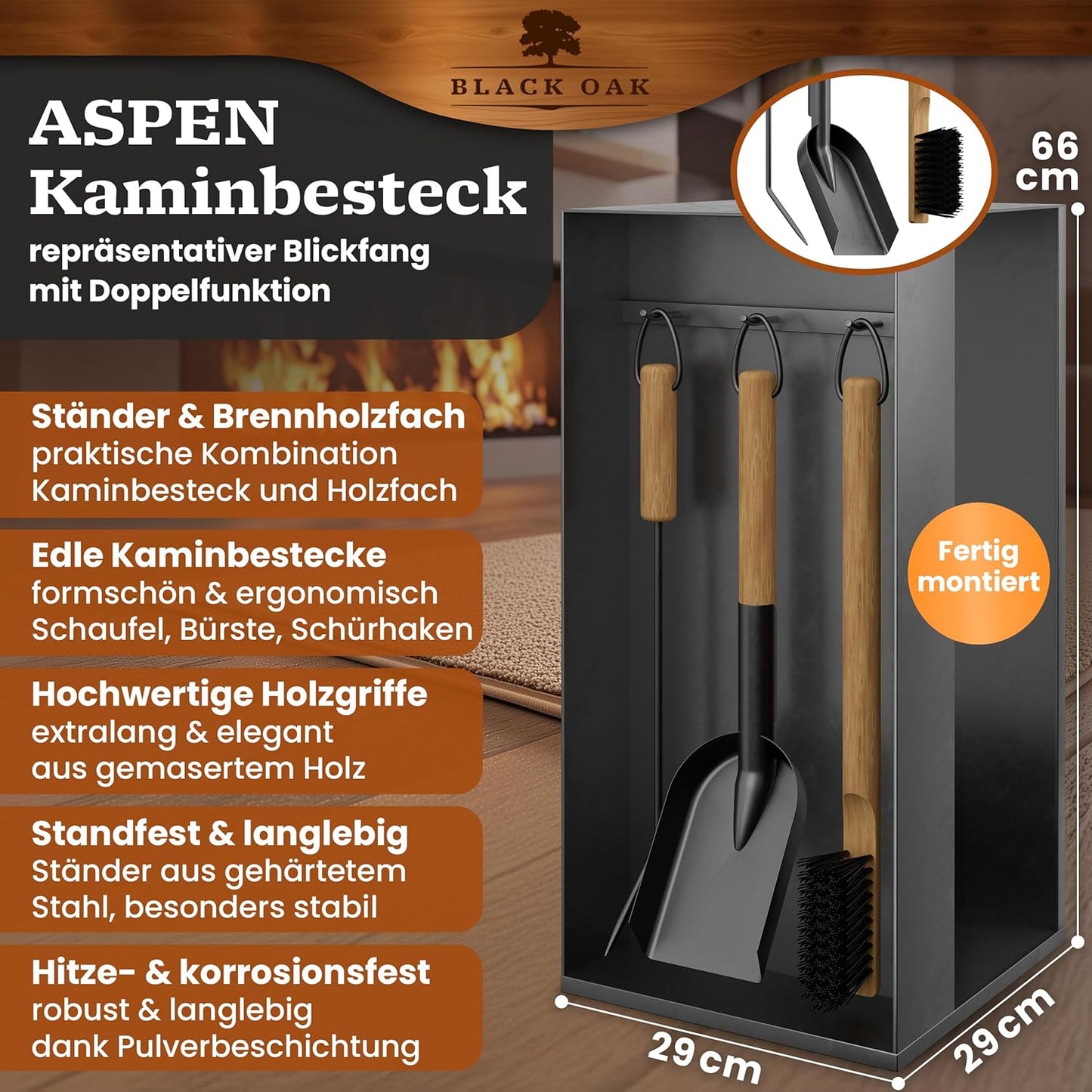 4-teiliges Kaminbesteck-Set Aspen mit Holzfach, Aspen 4-teilig Schwarz