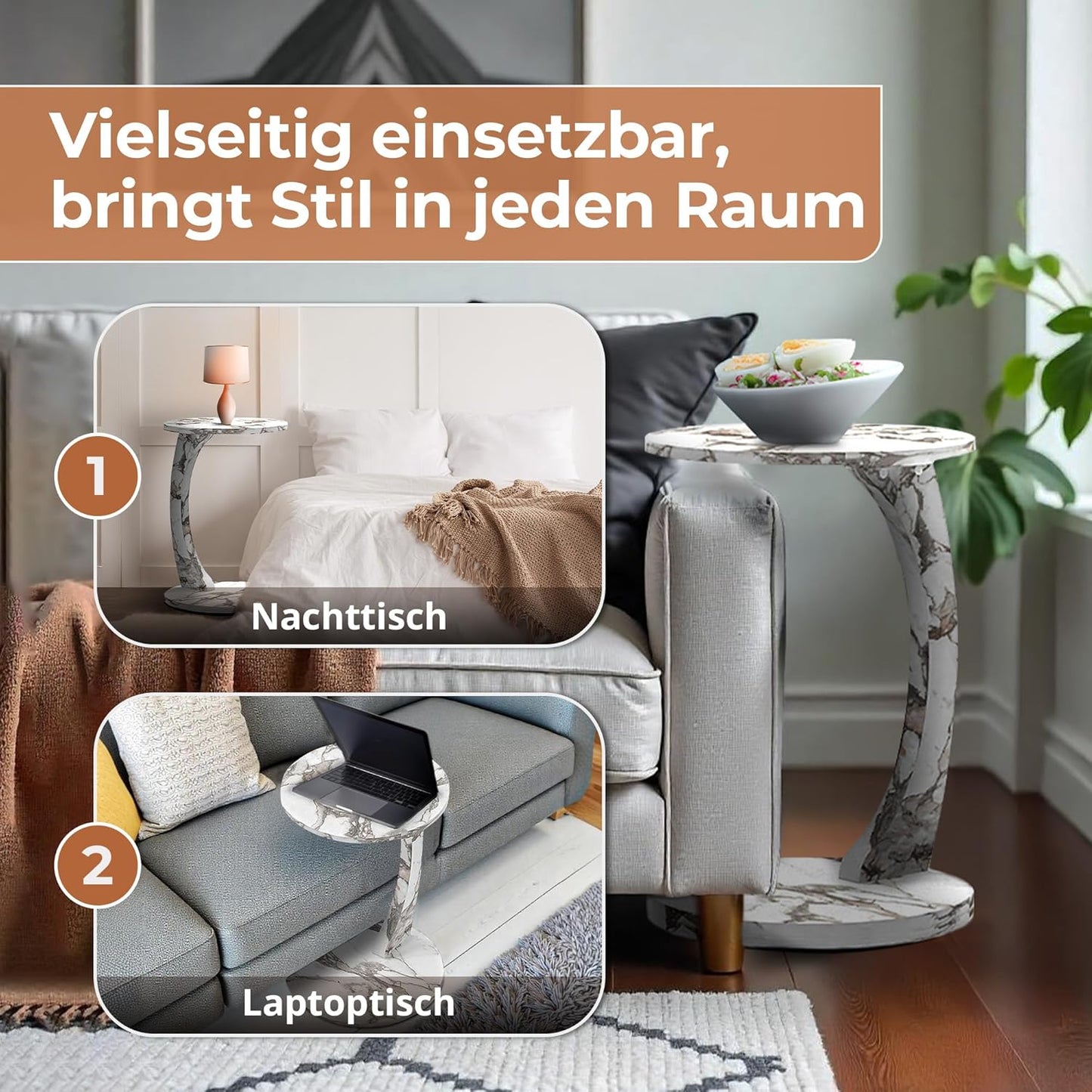 Beistelltisch Holeby auf Rollen mit Marmoroptik, Marmor, Cremeweiss