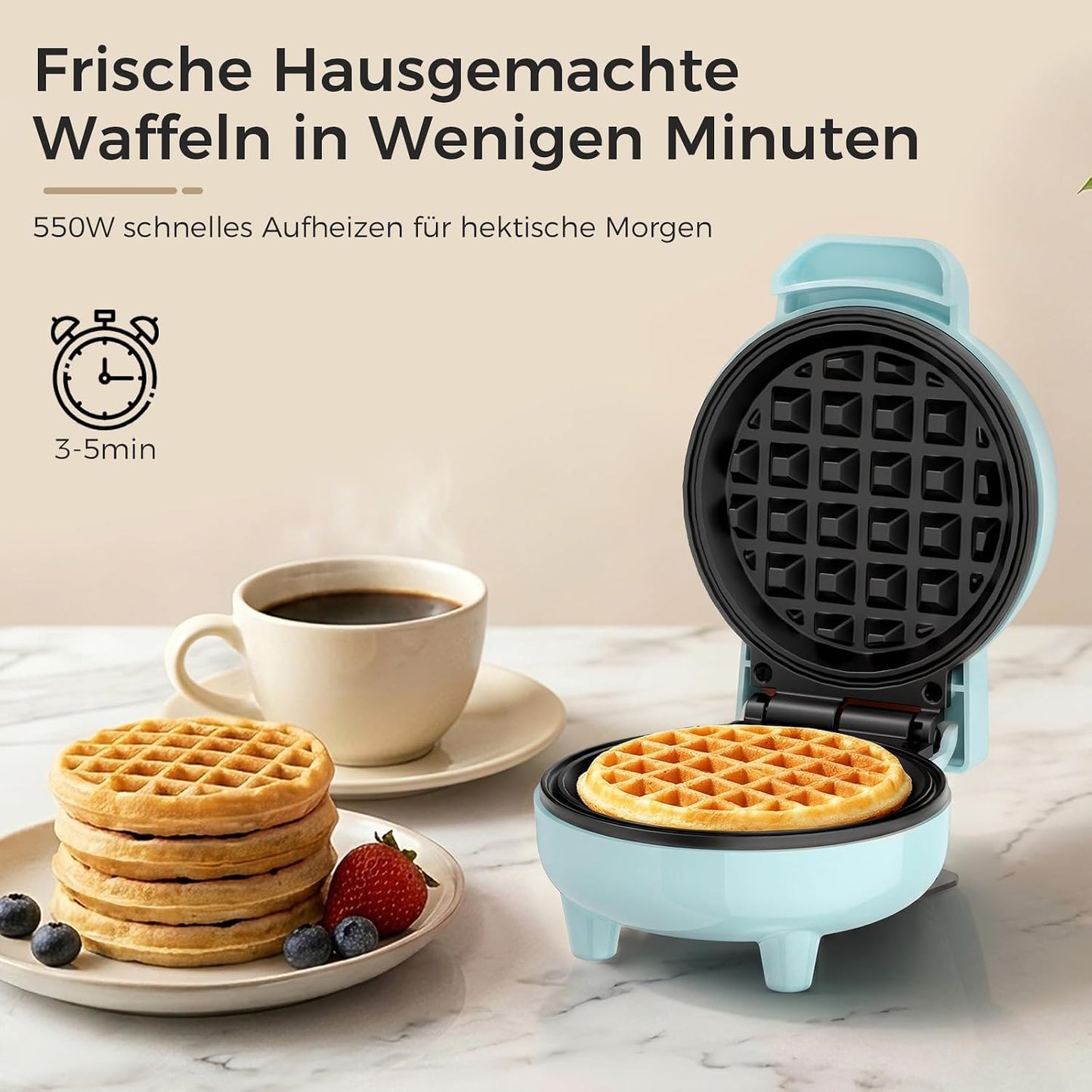 Mini Waffeleisen mit Antihaftbeschichtung, 550W, Blau