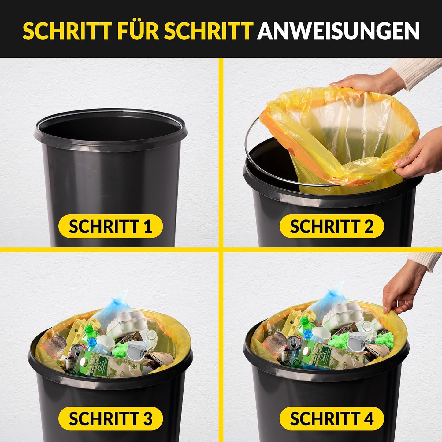 Müllsackständer 60L mit Deckel und Ring, schwarz-gelb