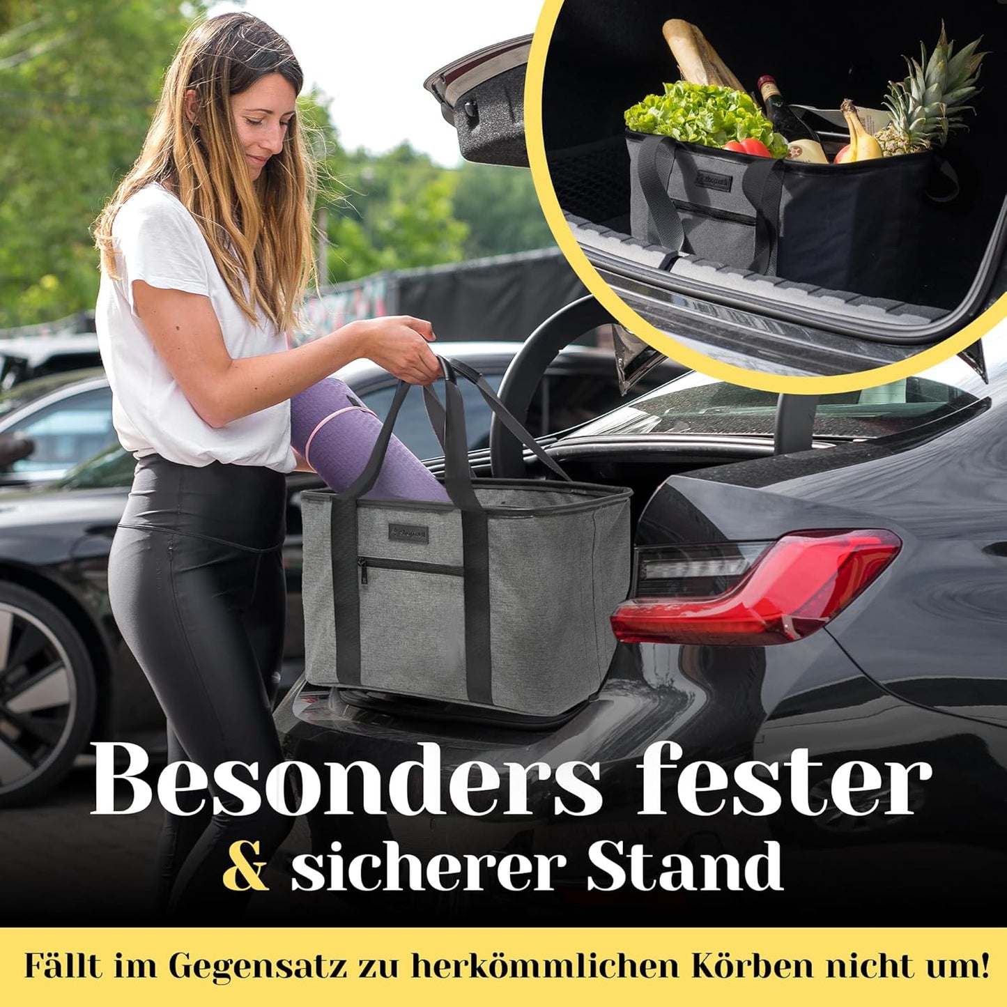 Faltbarer Einkaufskorb mit PU-Ledergriff (30L), Grau/Schwarz