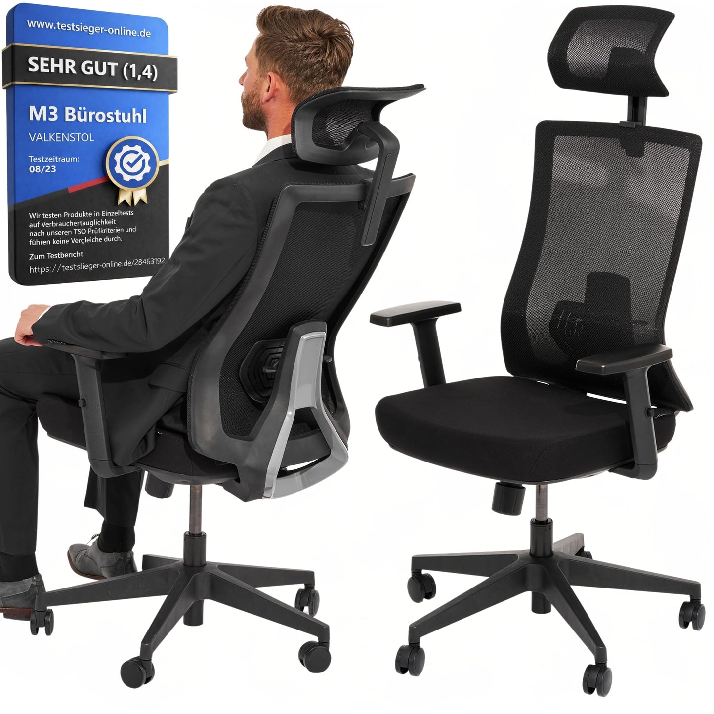 Ergonomischer Bürostuhl M3 mit Lendenwirbelstütze, M3 Klassik (Schwarz)