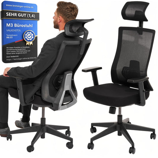 Ergonomischer Bürostuhl M3 mit Lendenwirbelstütze, M3 Klassik (Schwarz)