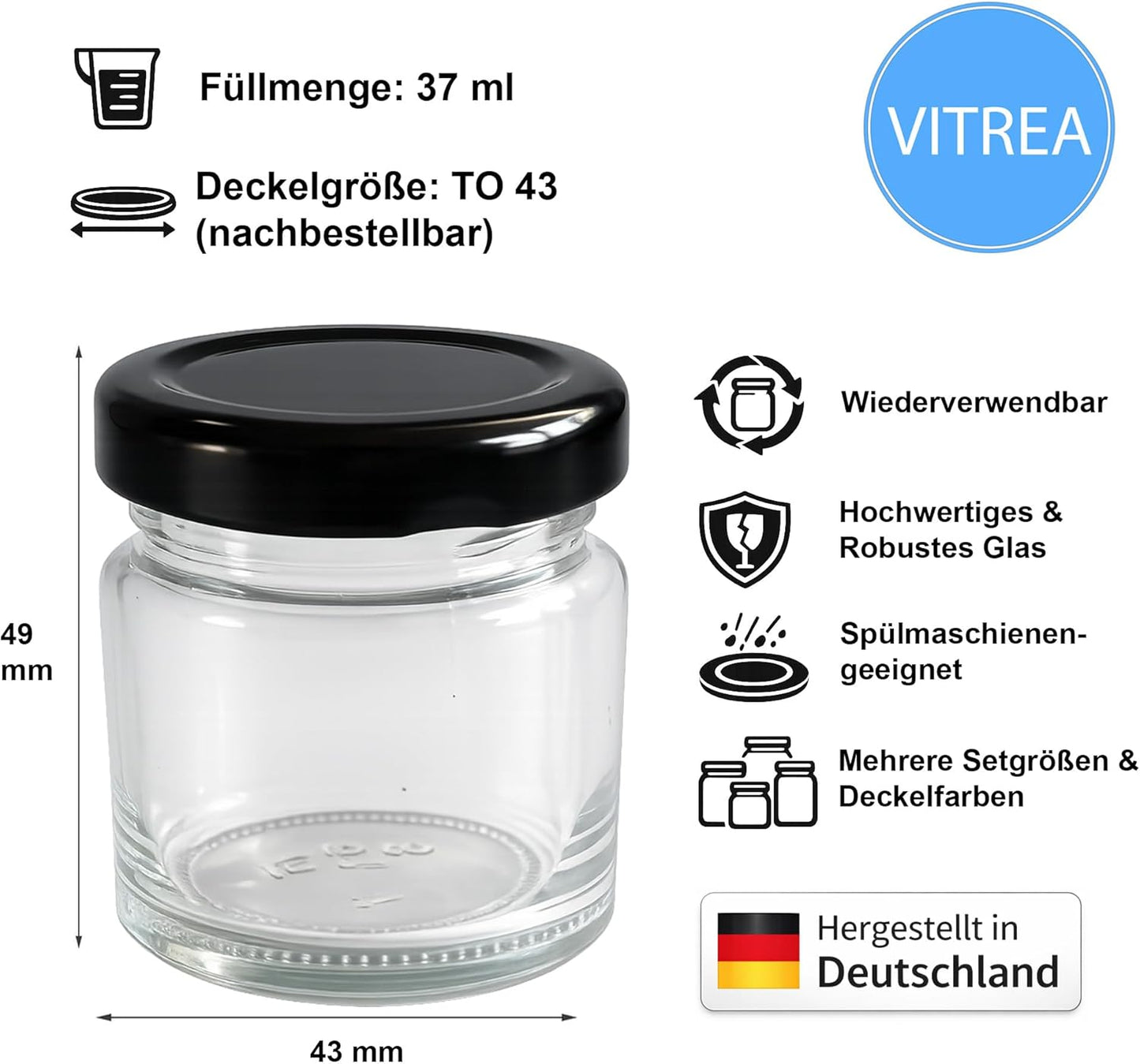 Mini Marmeladengläser mit Schraubdeckel (200 Stück), 37 ml 200