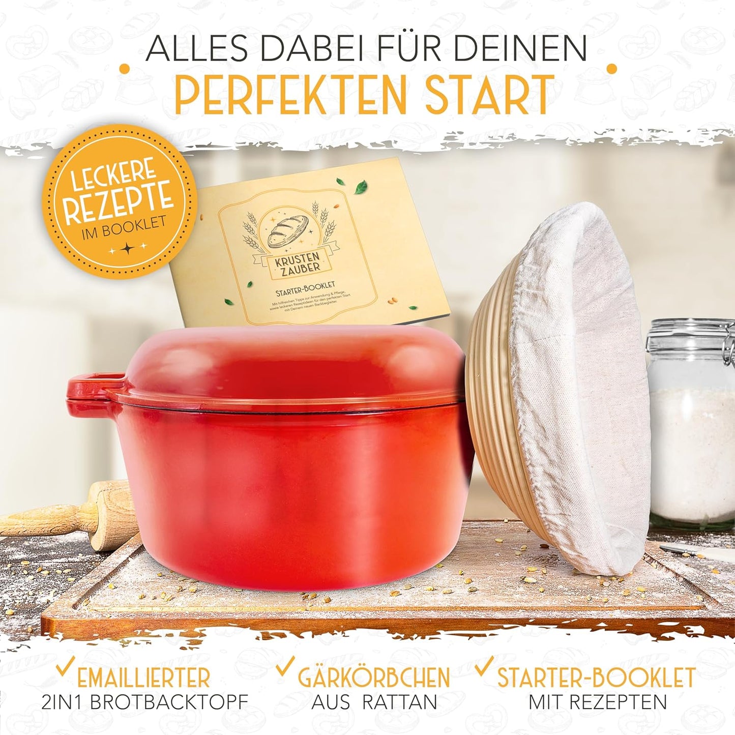 Gusseisen Brottopf mit Gärkorb, 2in1 Emaille Rot 2in1 Emaille Rot
