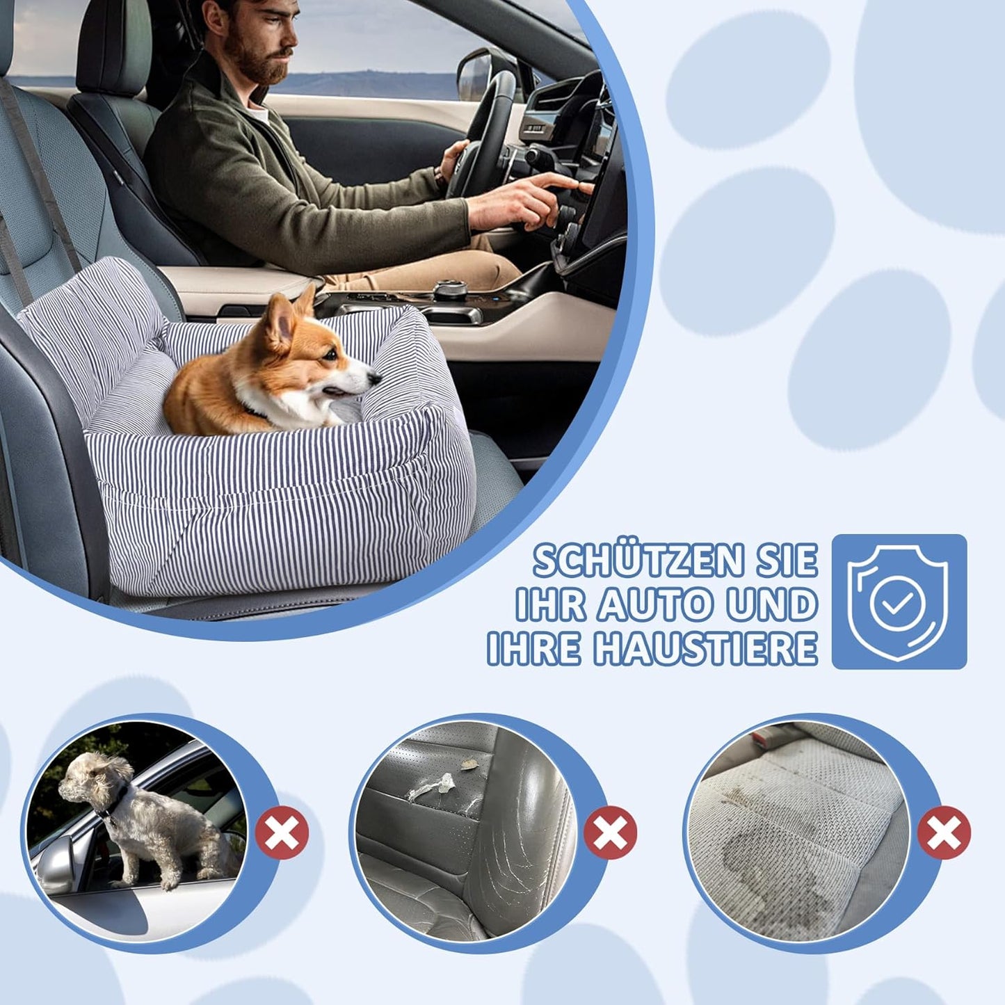 Hundeautositz mit Sicherheitsgurt bis 10 kg, wasserdicht, Blau-Weiss