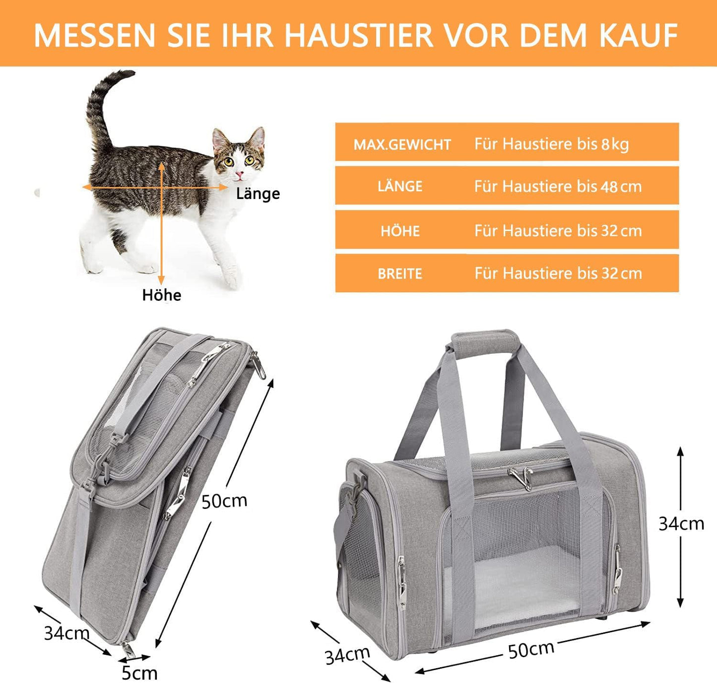Tiertransporttasche, 50 x 34 x 34cm / Grau