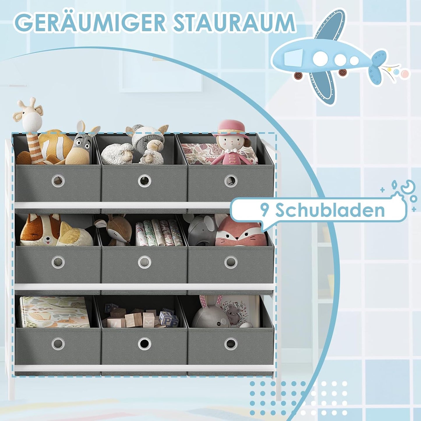 Kinderregal mit 9 Aufbewahrungsboxen